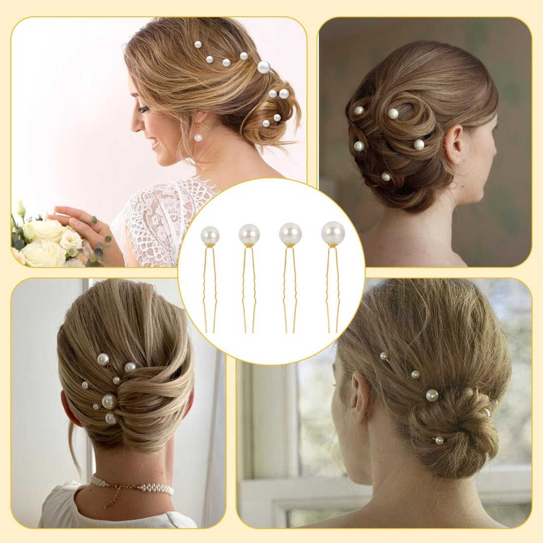 Weddhuis 8 Pieces Hair Pins with Beads, U Shaped Hair Accessories, Pearl Hair Pins for Bride, Wedding, Prom, Party, Girls, Bridesmaid (4 Sizes) (Gold) image number 1