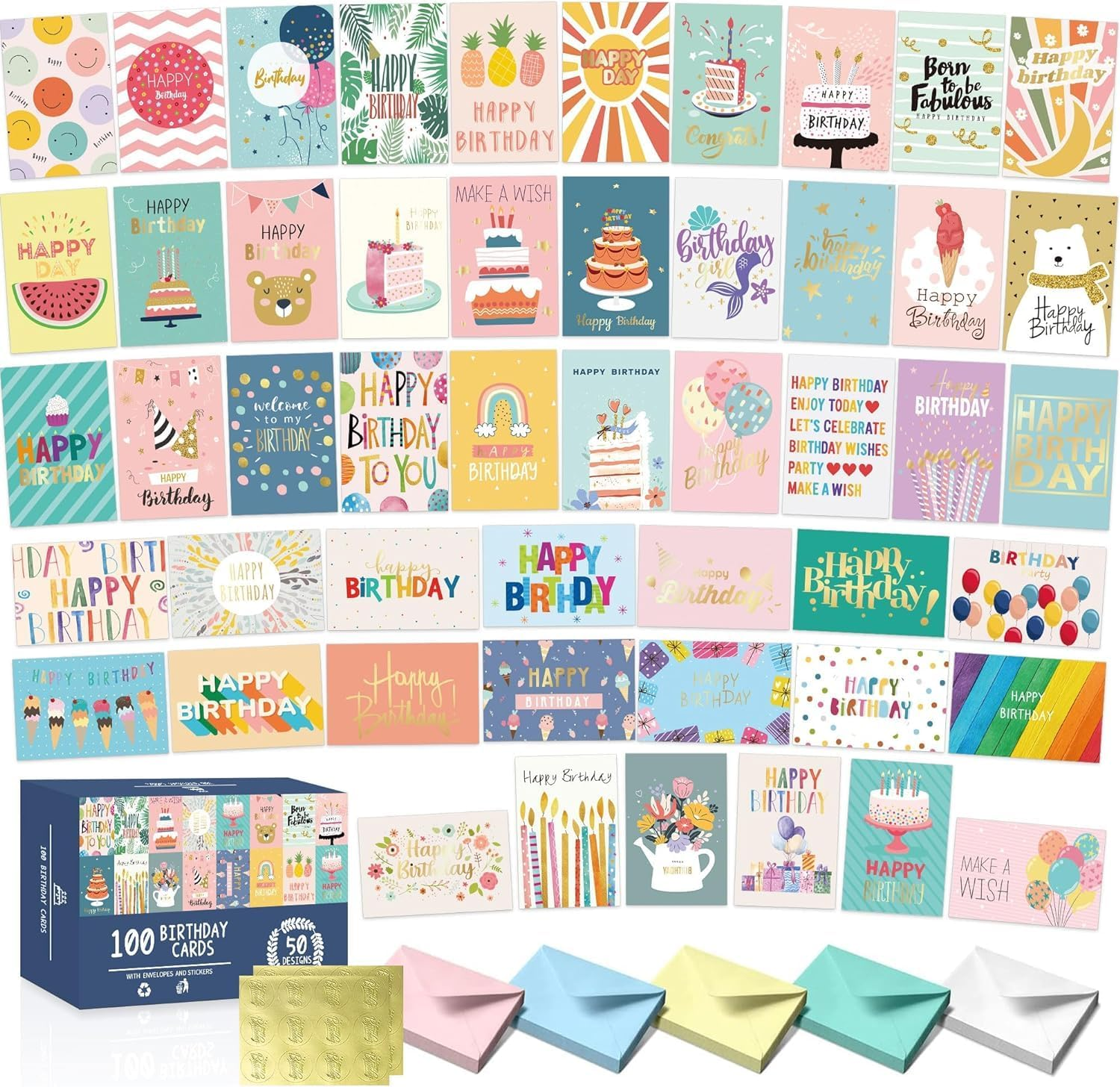 100 Pcs Happy Birthday Cards Bulk with Envelopes, Box of Birthday Cards Assorted Birthday Cards Pack Funny Assortment Greeting Cards for Kids and Adults image number 4