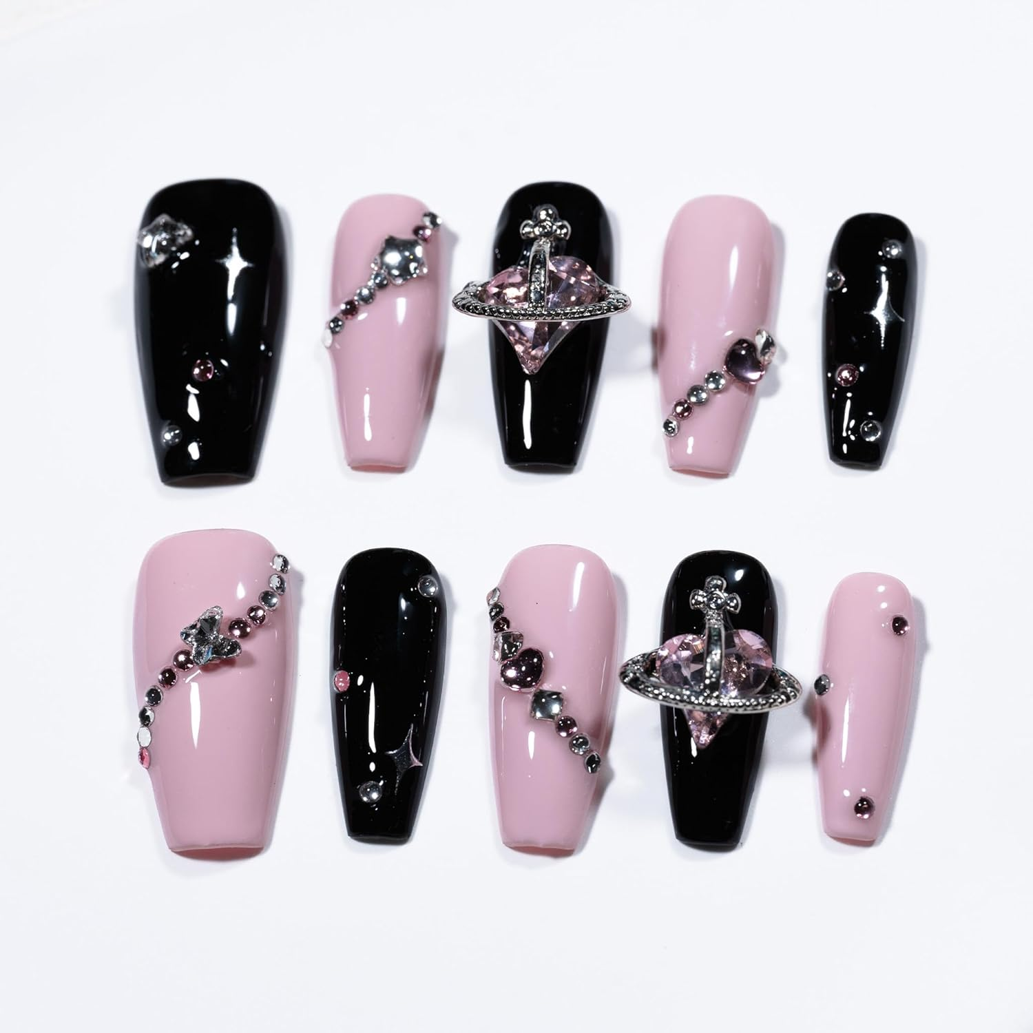 Sun&Beam Nails Handmade Press-On Medium Long Coffin Ballerina Pink Black Y2K Trendy Minimalist Design Fashion False Nail Tips 10 Pcs Set (#244 M) image number 3