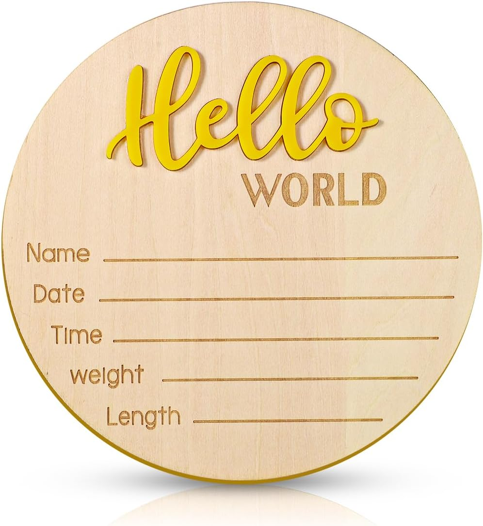 Announcement Sign Baby, 15 Cm Wooden "Hello World" Welcome Sign for Newborn Name Plate Baby Birth for Photo Props Baby Shower Hospital Nursery (Yellow)