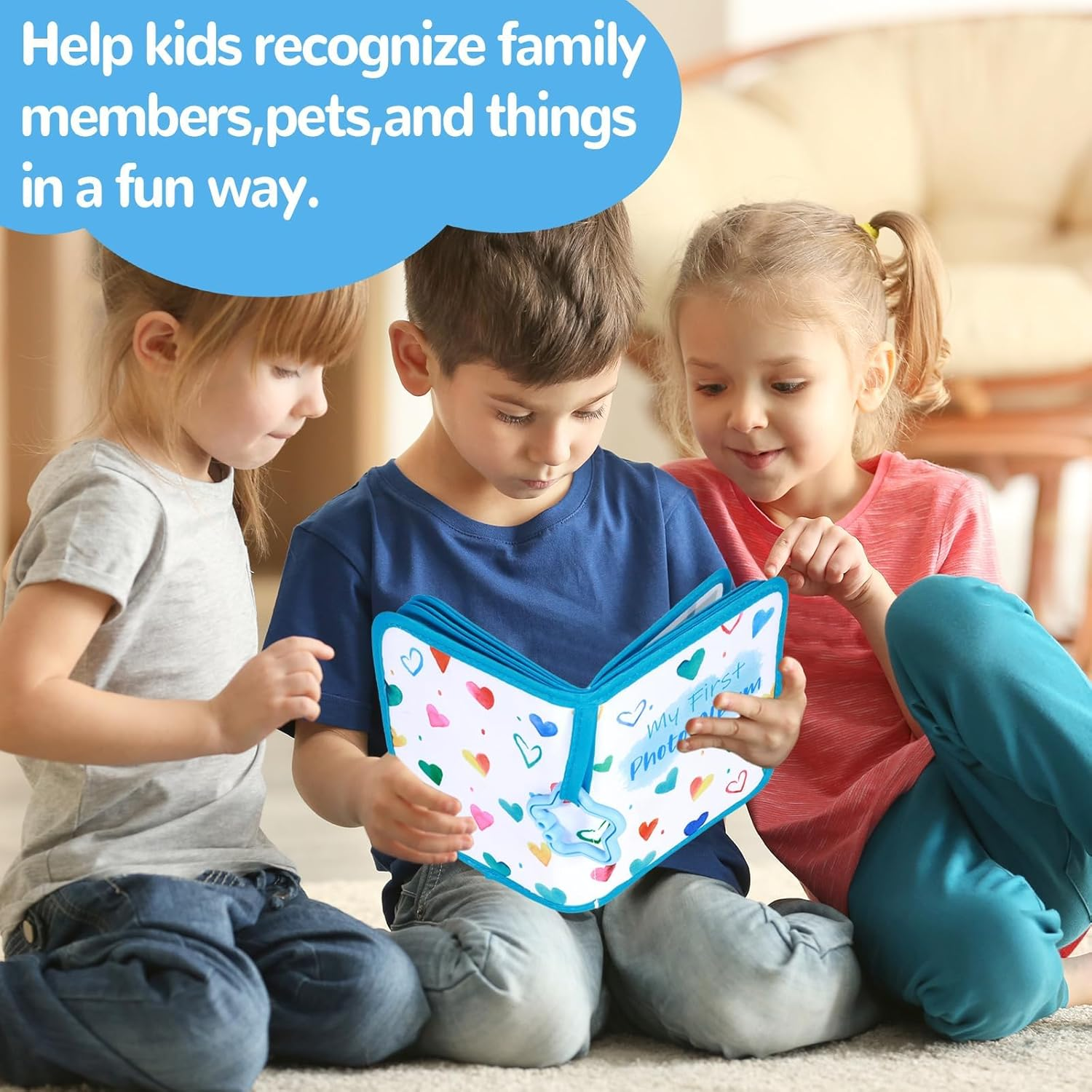 Baby'S My First Family Album Soft Photo Cloth Book Blue Heart My First Book of Photos Baby Memory Album Gift Holds 4X6 Pictures for Babies Newborn Toddler & Kids Baby Shower image number 1