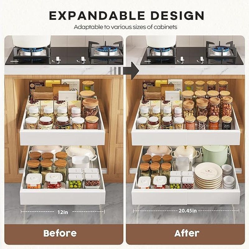 2 Pack Pull Out Drawers for Cabinets Expandable. Adjustable Width (32-52Cm), 42Cm Deep White Storage Drawer with 3 Slide Rails for Kitchen Pantry Cabinet, Adhesive Film Included image number 2