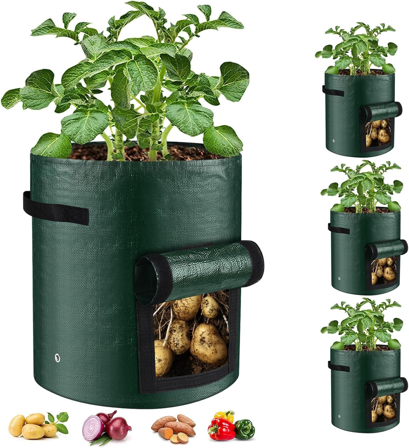 10 Gallon Potato Grow Bags 4-Pack, Thick PE Fabric Pots for Plants, Harvest Windows & Sturdy Handles, Labels Included (Green) image number 4