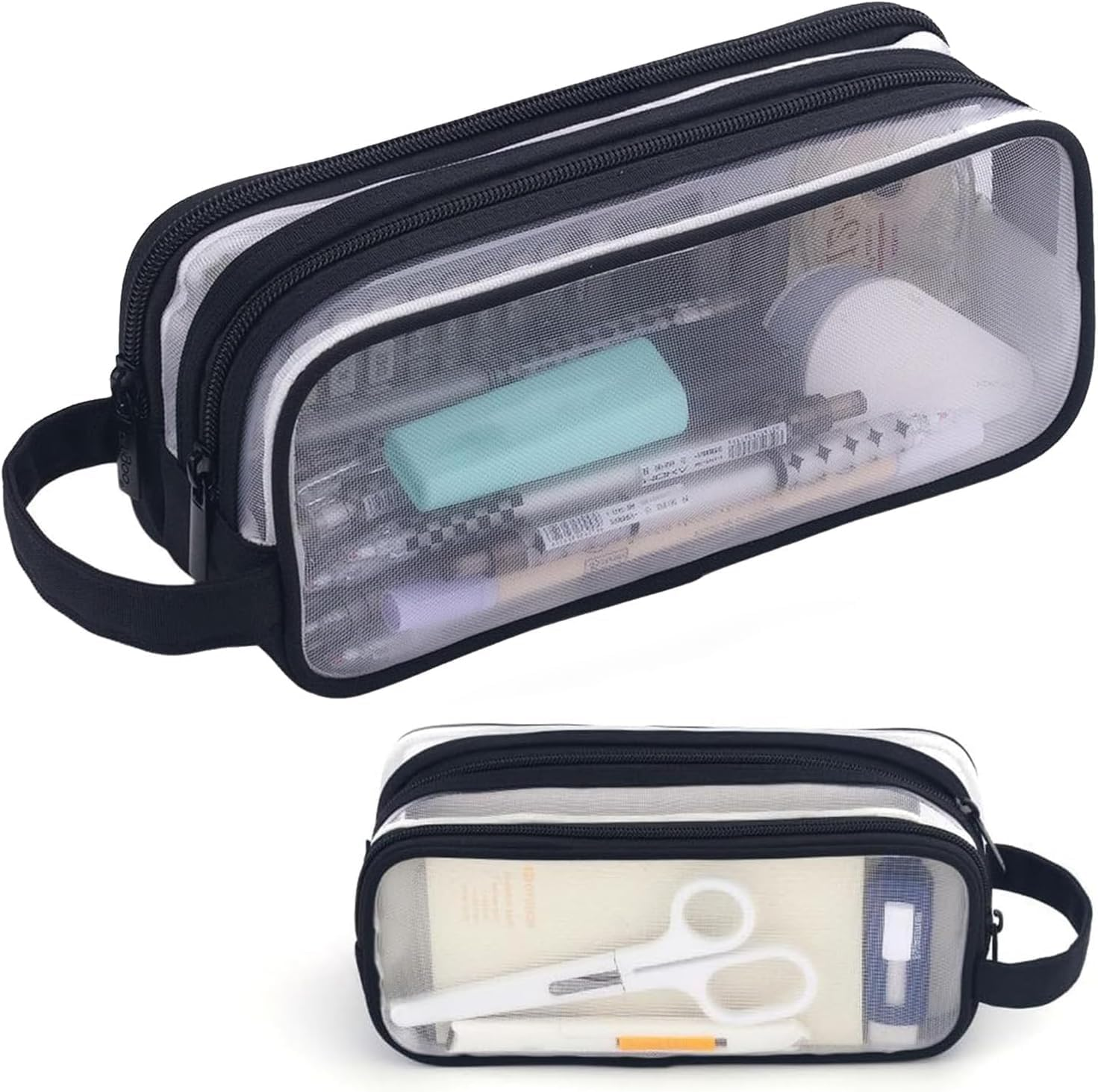 Grid Mesh Pen Pencil Case with Zipper, 2 Compartment Clear Pencil Case Pouch, Clear Zipper Transparent Stationary Makeup Bag, Multi-Purpose Transparent Stationery Bag (Black) image number 4