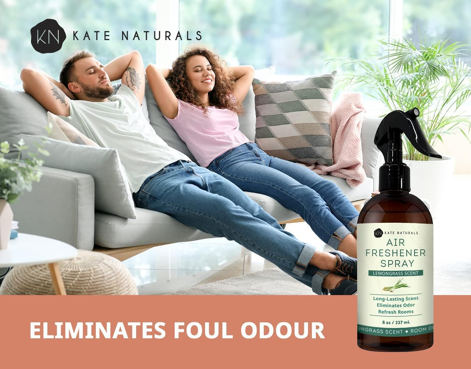 Air Freshener Spray Lemongrass Scent - Kate Naturals (8 Fl Oz). Sharp Lemongrass Aroma & Odor Eliminator for Pillows, Linen & Room Spray with Essential Oils. 8 Fl Oz.