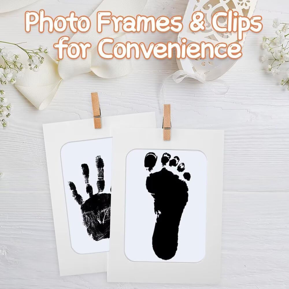 Baby Handprint and Footprint Kit - Safe Print Kit with 2 Inkless Ink Pads, 4 Imprint Cards, 2 Photo Frames, 1 Sticker Sheet & 2 Clips, Family Keepsake Gifts for New Parents, 0-3 Months Baby