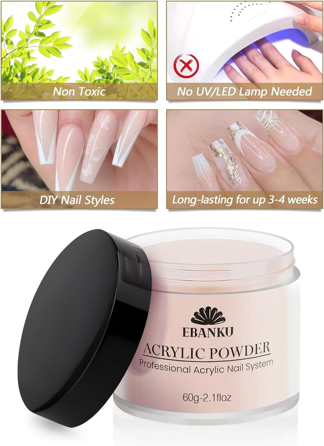 Kalolary Nude Pink Acrylic Powder, 2 * 60G/2.1Oz Acrylic Powder Large Capacity Professional Acrylic Nail Powder for Nail Acrylic Extension, Nail Carving, Long-Lasting, No Nail Lamp Needed image number 4