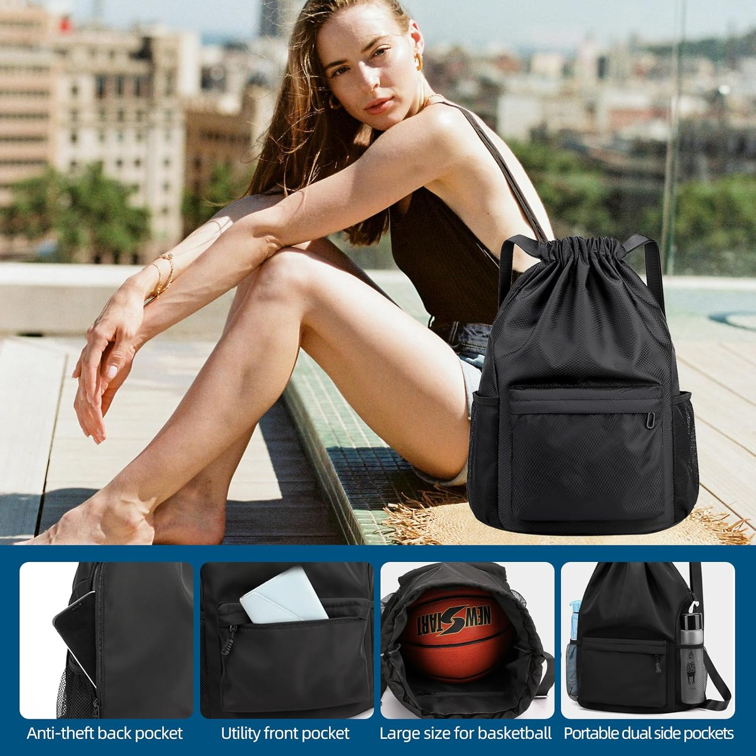 Drawstring Backpack, Waterproof Backpack with Mesh Side Pocket, Sport Gym Bag for Women/Men, Outdoor String Backpack image number 2
