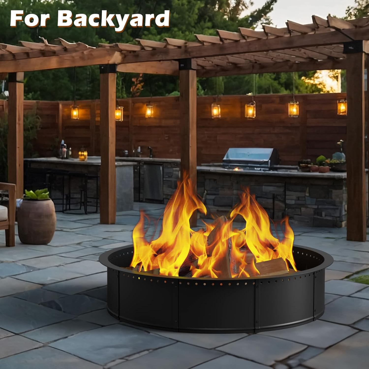 Mapleway Smokeless Fire Pit Ring, 42Inch Large round Portable Metal Firepit Accessories for outside Wood Burning Patio Camping Bonfire Campfire image number 3