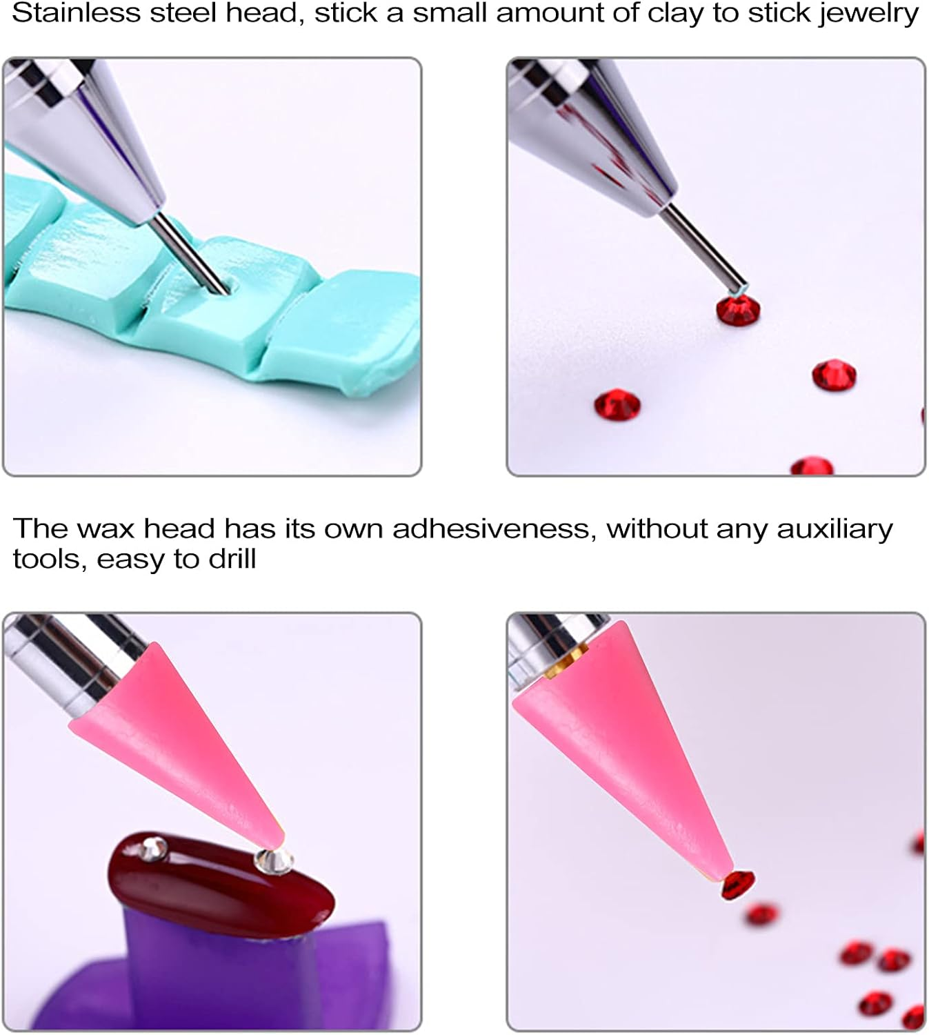ANGNYA 2 Pack Rhinestone Picker Dotting Pen with 2 Replaceable Wax Tips and ​1X Tweezer, Dual-Ended Diamond Picker Tools for Nails,Wax Pencil for Rhinestone Stainless Steel Double Head(Pink Purple) image number 6