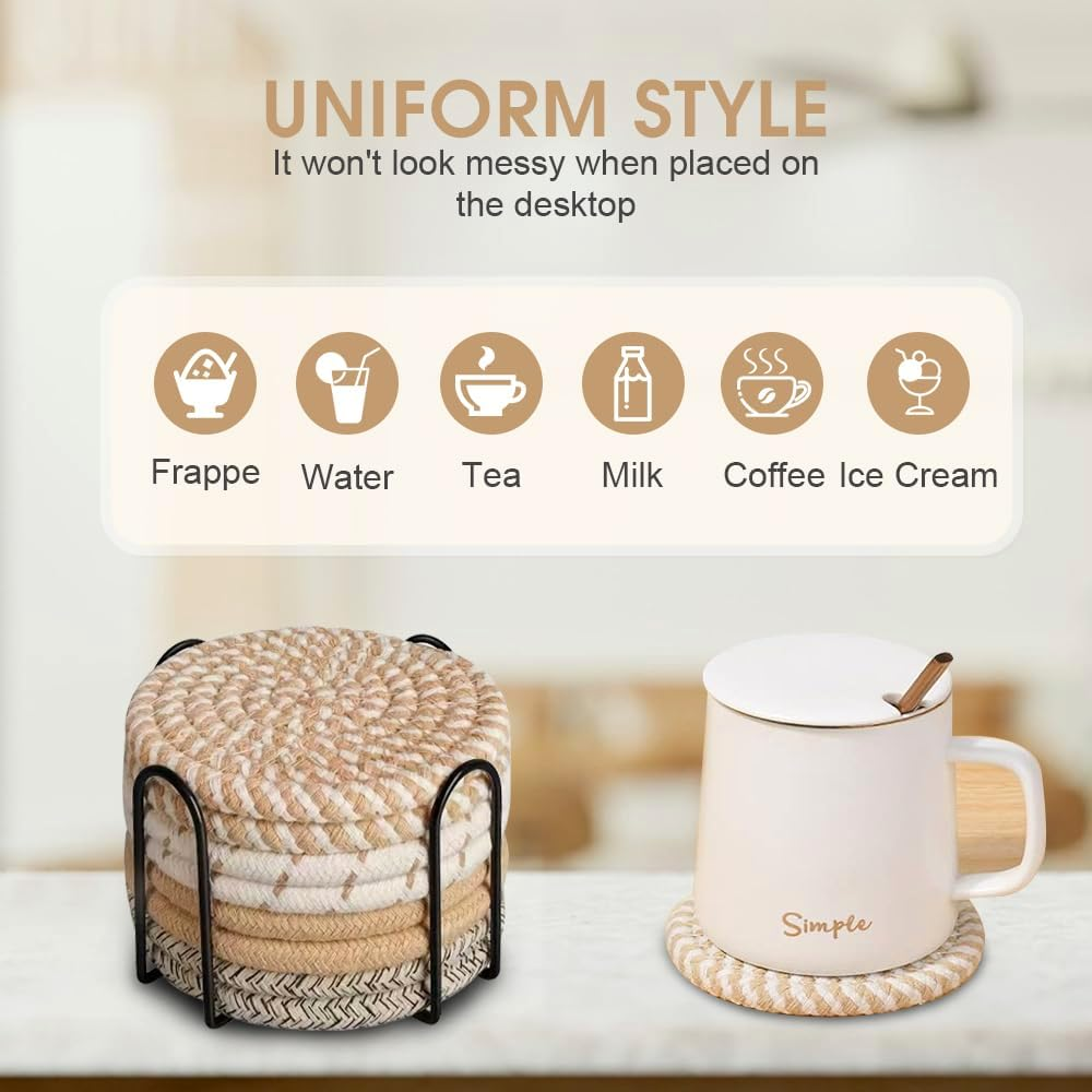 Chamgeco 8Pcs Drink Coasters with Metal Holder, Boho Cotton Woven Absorbent Coasters for Drinks, 4 Colors Minimalist Cup Coaster Set for Home Decor Coffee Table Protection Housewarming (Multi-Color 1) image number 3