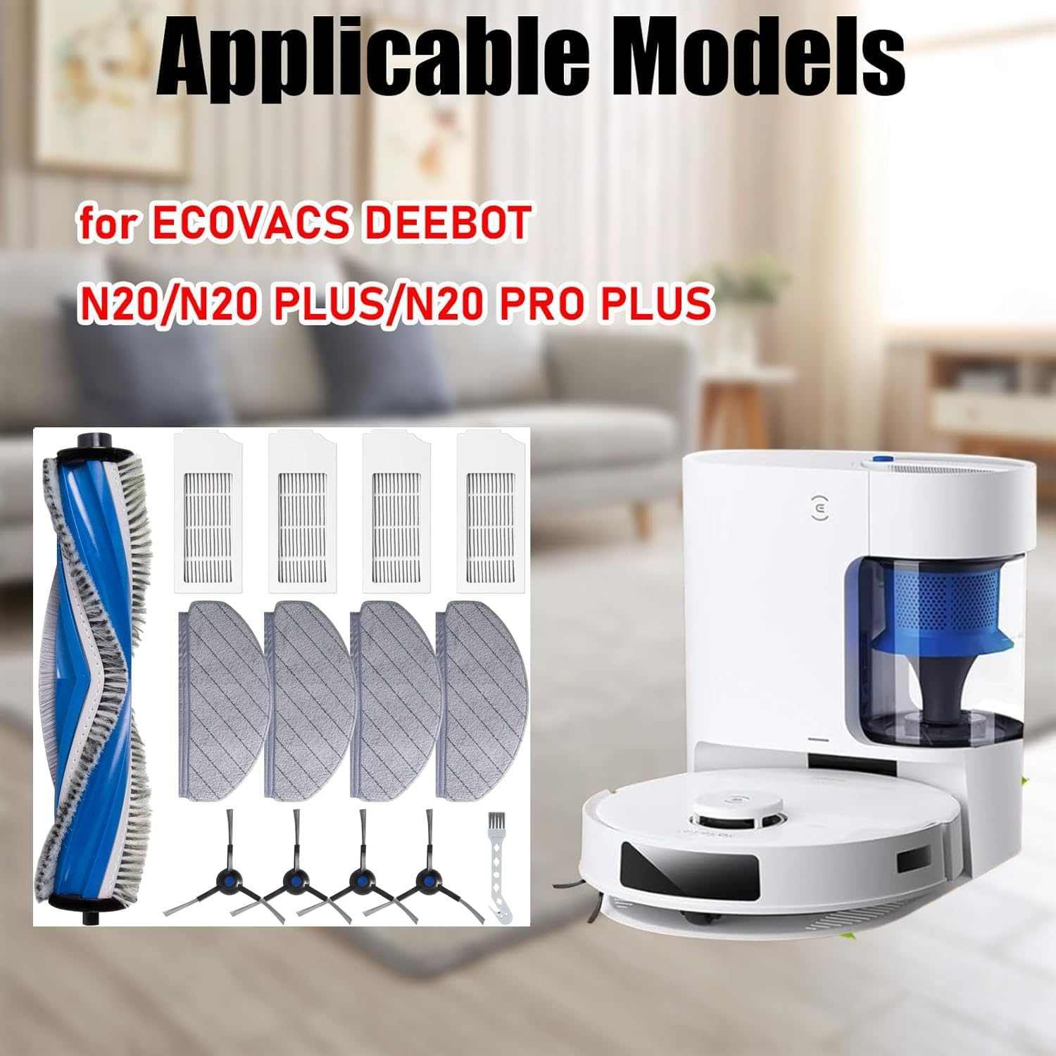 Spare Accessories Compatible with Ecovacs Deebot N20 Plus/ N20 /N20 PRO plus Robot Vacuum Cleaner,1 Main Brush Roller,4 Side Brushes,4 Hepa Filters,4 Mop Pads - T30S Pure White image number 5