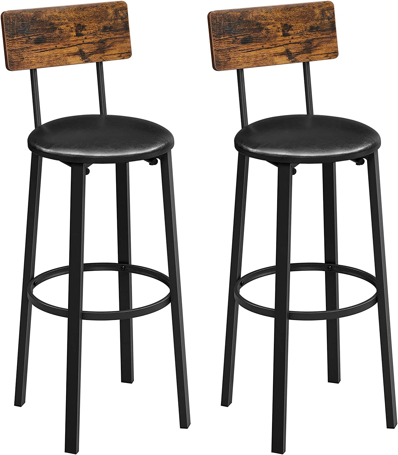 VASAGLE Set of 2 Bar Stools 39 X 39 X 100 Cm with Footrest PU Cover Easy Assembly for Dining Room Kitchen Counter Bar Vintage Brown Black LBC069B81 image number 2