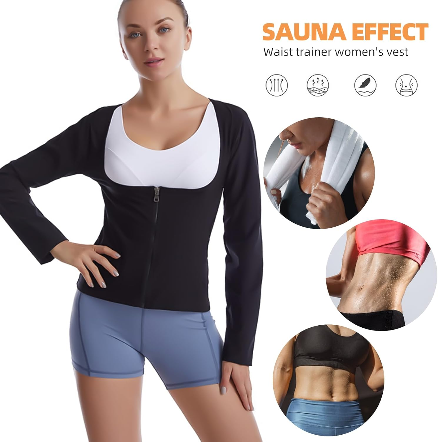 Sauna Suit for Women Sports Sweat-Wicking Fitness Sauna Suit Long Sleeve Zipper Jacket Workout Top for Weight Loss image number 1
