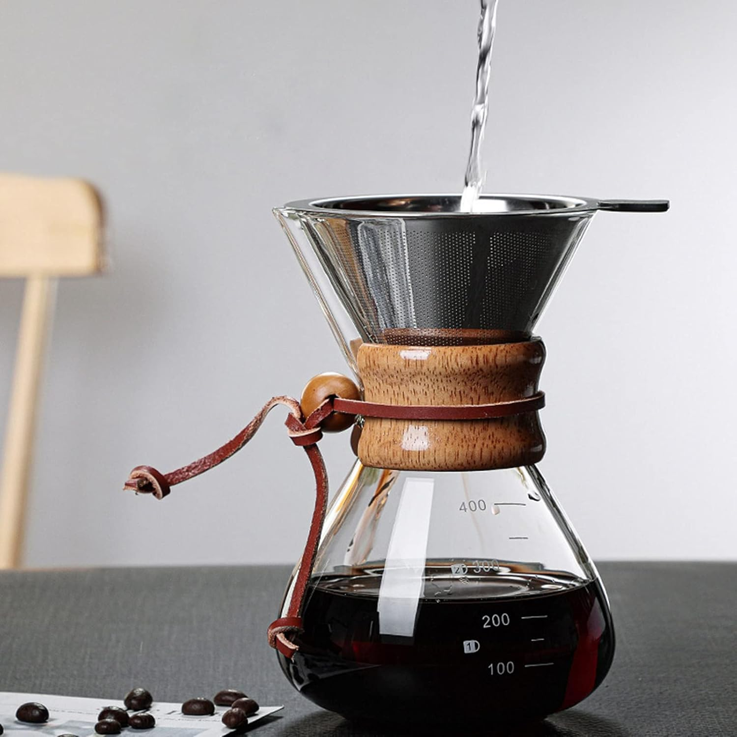 Coffee Brewer,Pour over Coffee Maker 400Ml Double Filter Wooden Sleeve Coffee Brewer Filter Suitable for Home Cafe Parties image number 5