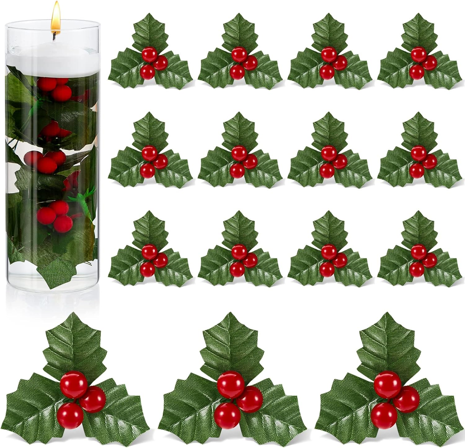 50 Pieces Christmas Holly Berries for Crafts Faux Berries Flowers and Holly Leaves Christmas Wreath Fillers for Vase Fillers Floating Candle Table Centerpiece(Red)