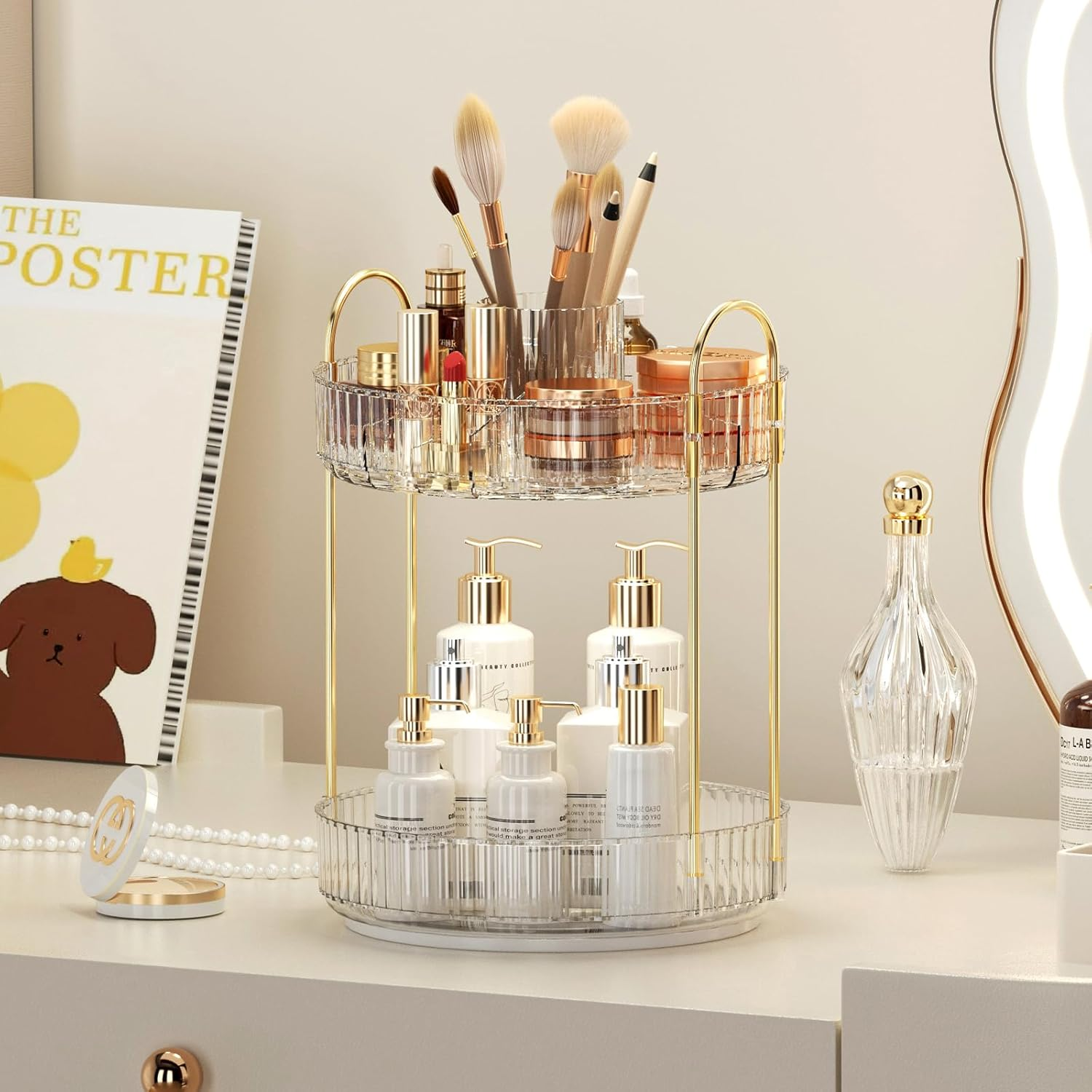 360&deg; Rotating Makeup Organizer, Upgraded 2 Tier Skincare Perfume Organizers for Women, Bathroom Organizer Countertop, Clear Cosmetic Dresser Organizer with Makeup Brush Holder, Sink&Counte (Clear) image number 5