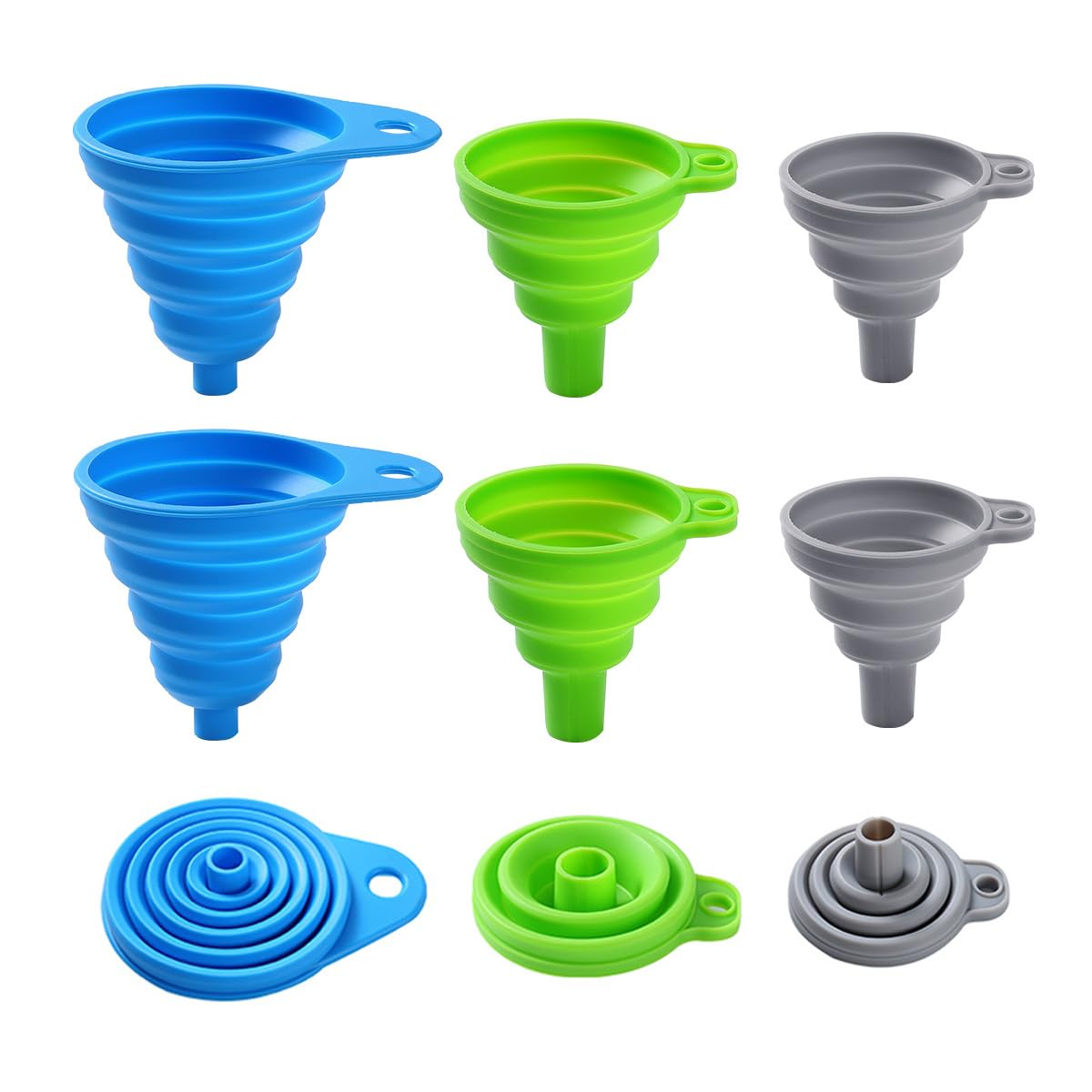 6 Pack Silicone Collapsible Funnels for Kitchen Use Filling Bottles, 3 Small and 3 Large Food Grade Kitchen Funnel Set for Filling Water, Oil, Spices, Powder &ndash; Silicone Funnels with Hook for Storage image number 3