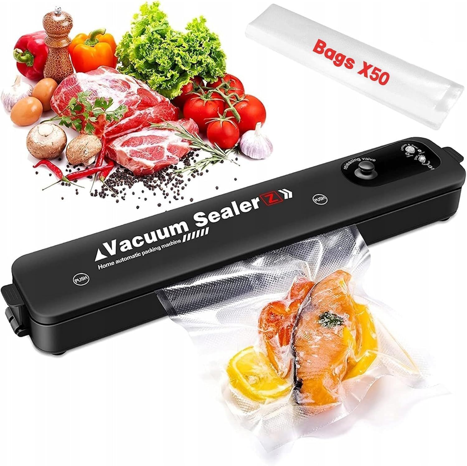 Vacuum Sealer, Automatic Food Vacuum Sealer with 50 Vacuum Sealer Pockets, Food Preservation to Preserve Dry to Use Compact Food Preservation Sealing Machine for Home & Kitchen (Sealer)