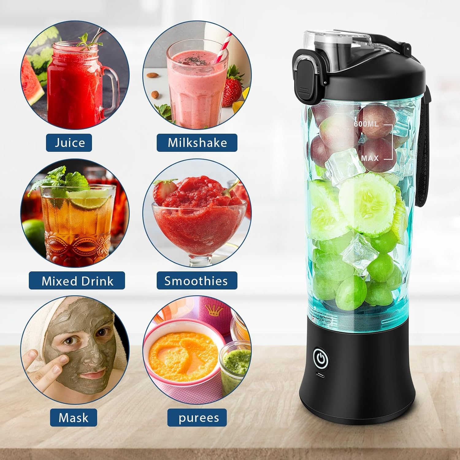 Portable Blender for Smoothies and Shakes, USB-C Rechargeable, Includes Lid and 6 Stainless Steel Blades, 20Oz, Bpa-Free Fruit Protein Cup for Outdoor Travel Family and Sports Bottles image number 5