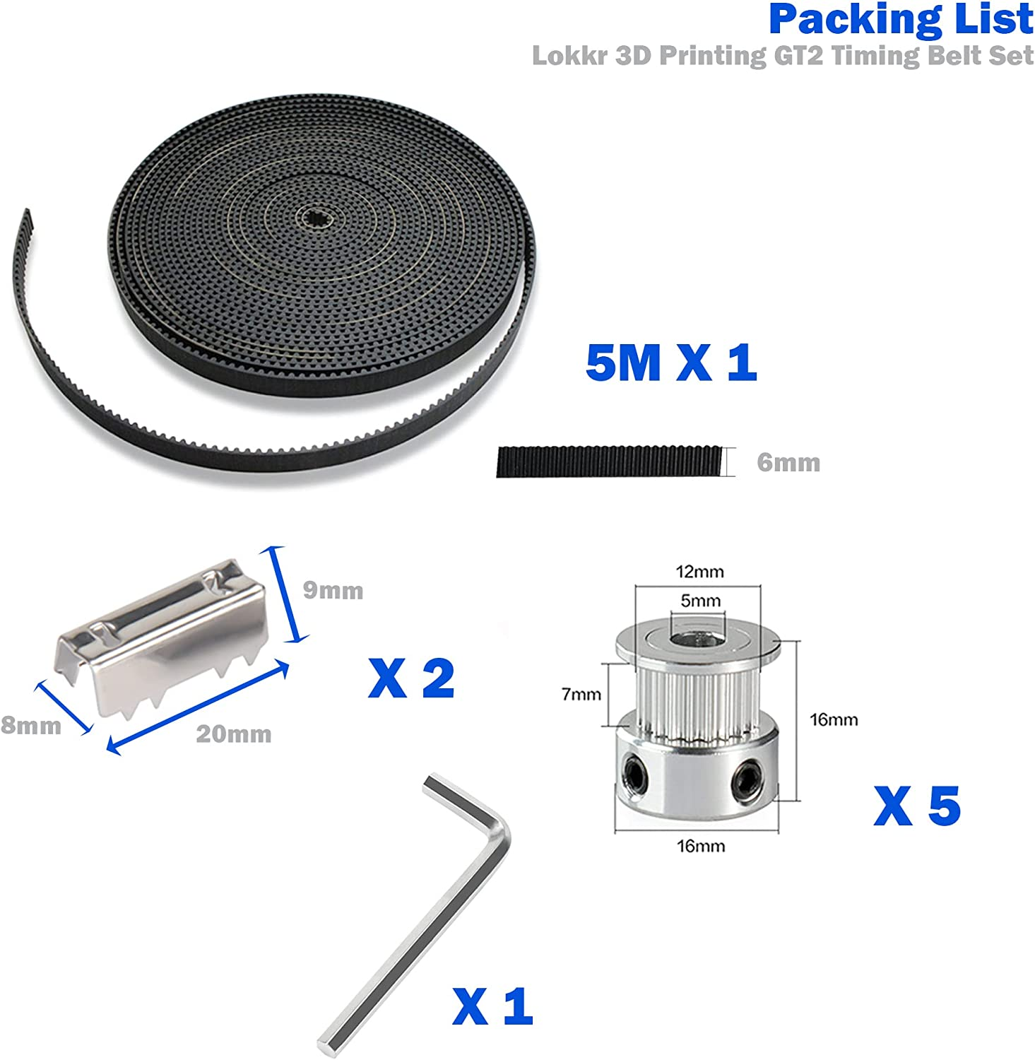 3D Printing GT2 Timing Belt Set, 5 Meters GT2 Open Timing Belt 2Mm Pitch 6Mm + 5Pcs 20 Teeth 5Mm Bore Pulley Wheel + 2 Pcs Open Belt Clip + Allen Wrench, 3D Printer Accessories for CR-10 Ender 3 image number 2