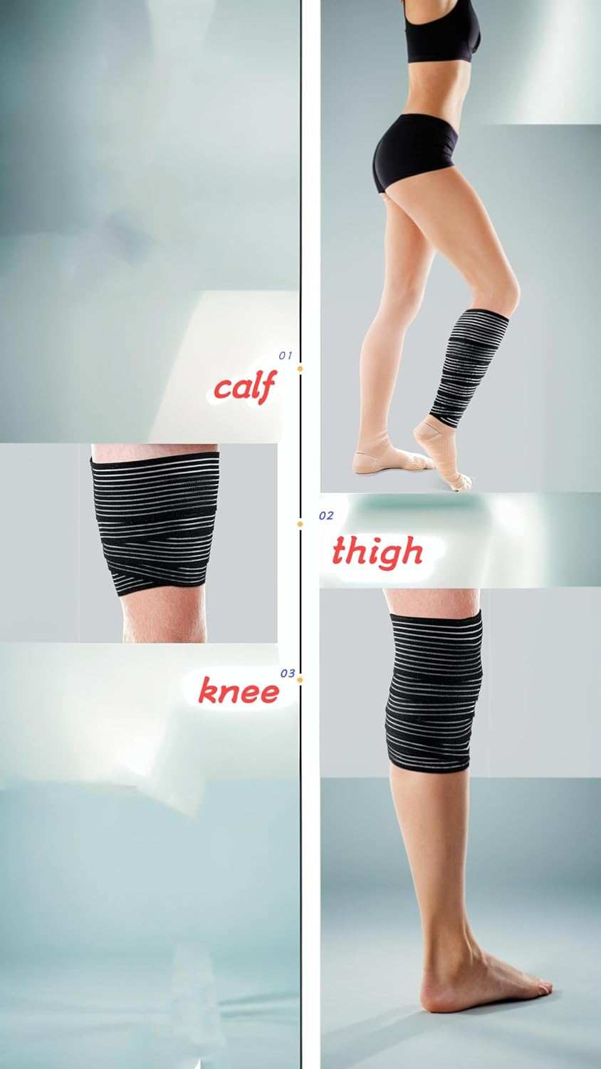 Honwor Elastic Calf Compression Bandage - Stabilizing Leg Sleeve for Men and Women, Joint Pain Relief, Sports - Adjustable Black (4 Pieces, 180 Cm) image number 6