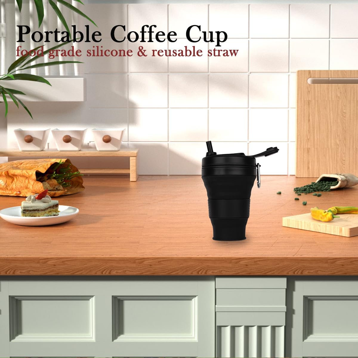 UNNESTAR Collapsible Camping Cup with Straw Silicone Folding Coffee Cup Sport Bottle Portable Travel Outdoor Car 16Oz 20Oz (Black-600Ml) - Gray-600Ml image number 4