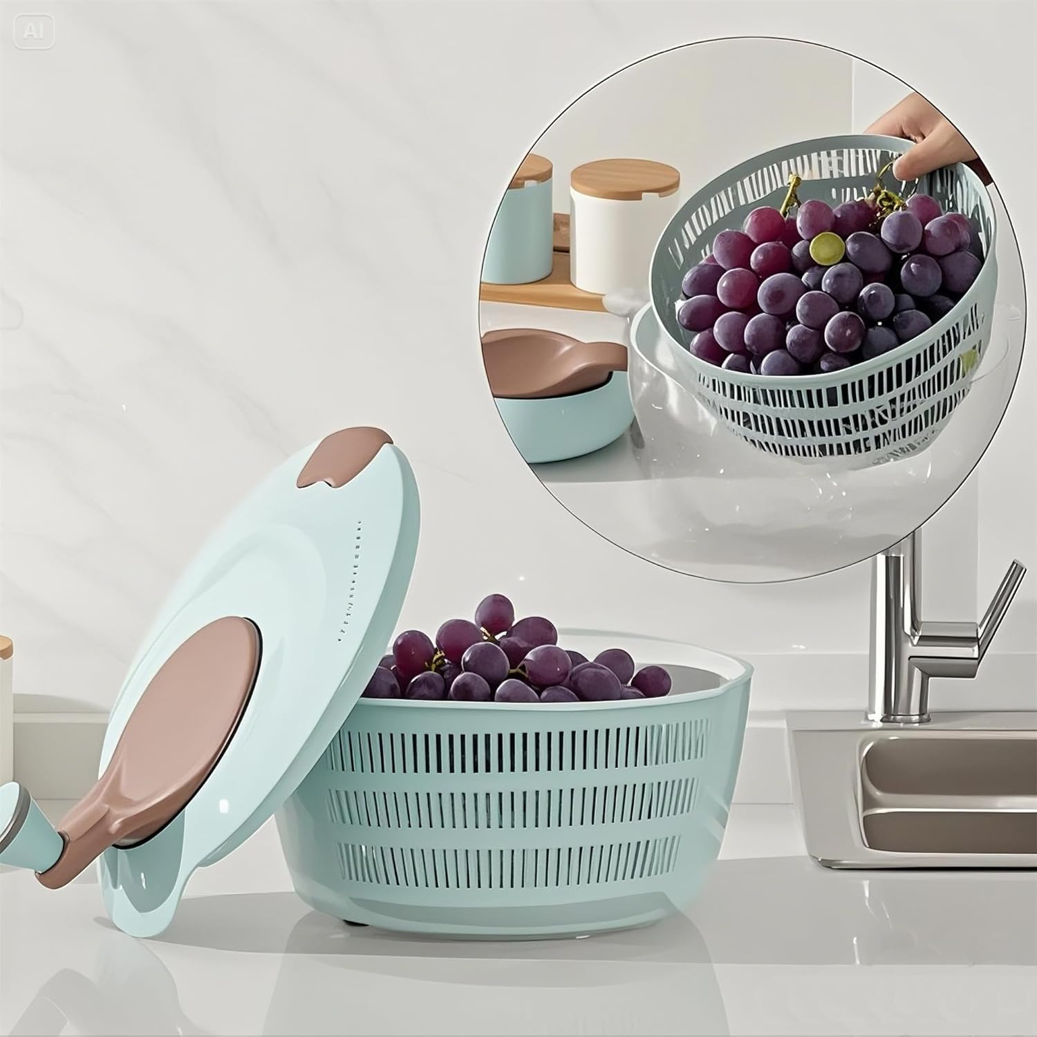 4L Salad Spinner - Non-Slip Vegetable & Fruit Washer/Dryer for Households, Easy-Clean Kitchen Gadget for Greens, Herbs & Vegetables (Blue)