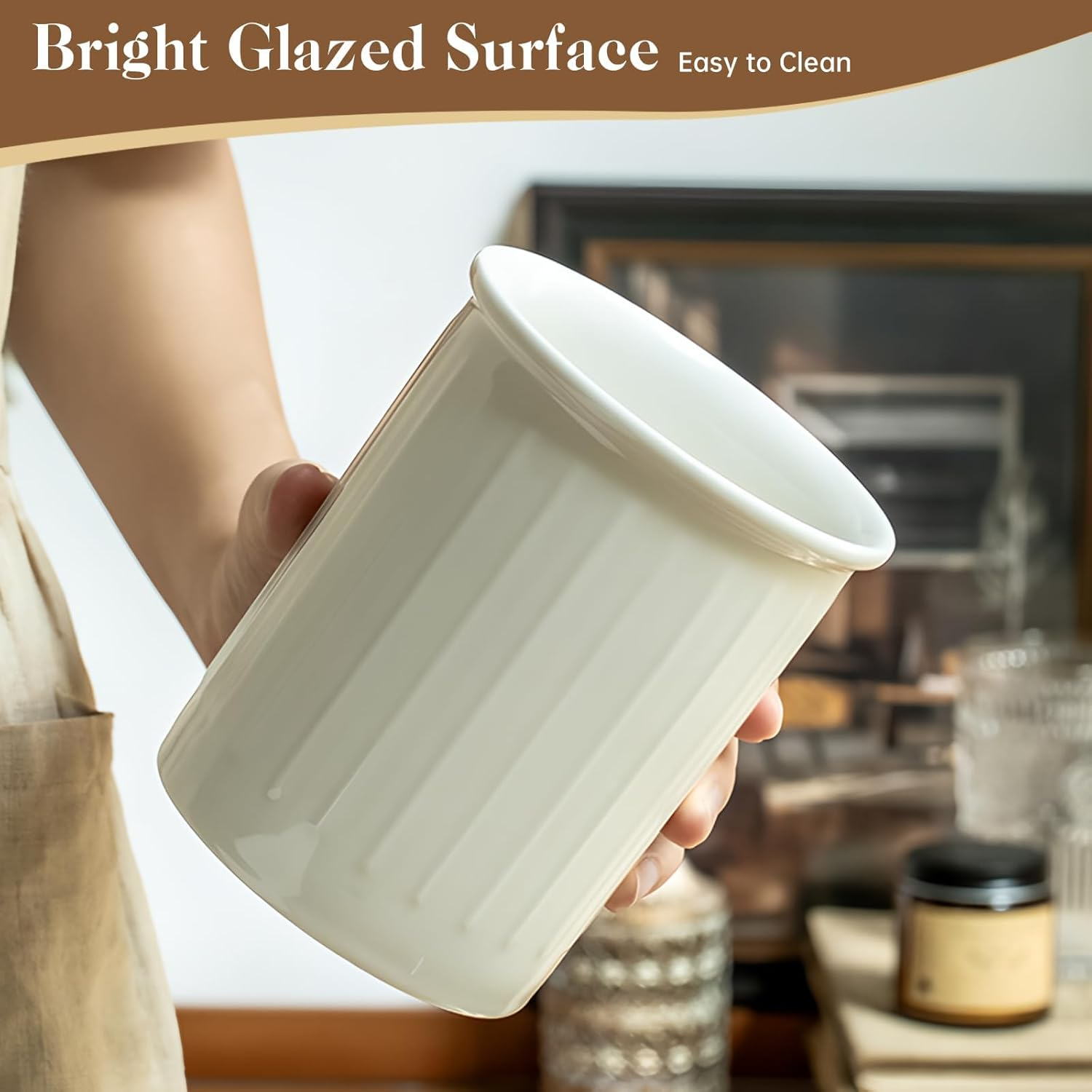 Ceramic Cutlery Holder for Kitchen, Utensil Holder Ceramic, Relief Utensil Pot, Worktop Storage, Cutlery Holder, for Kitchen Counter Storage, Glossy Glaze, White, 5.3 X 4.3 Inches image number 2