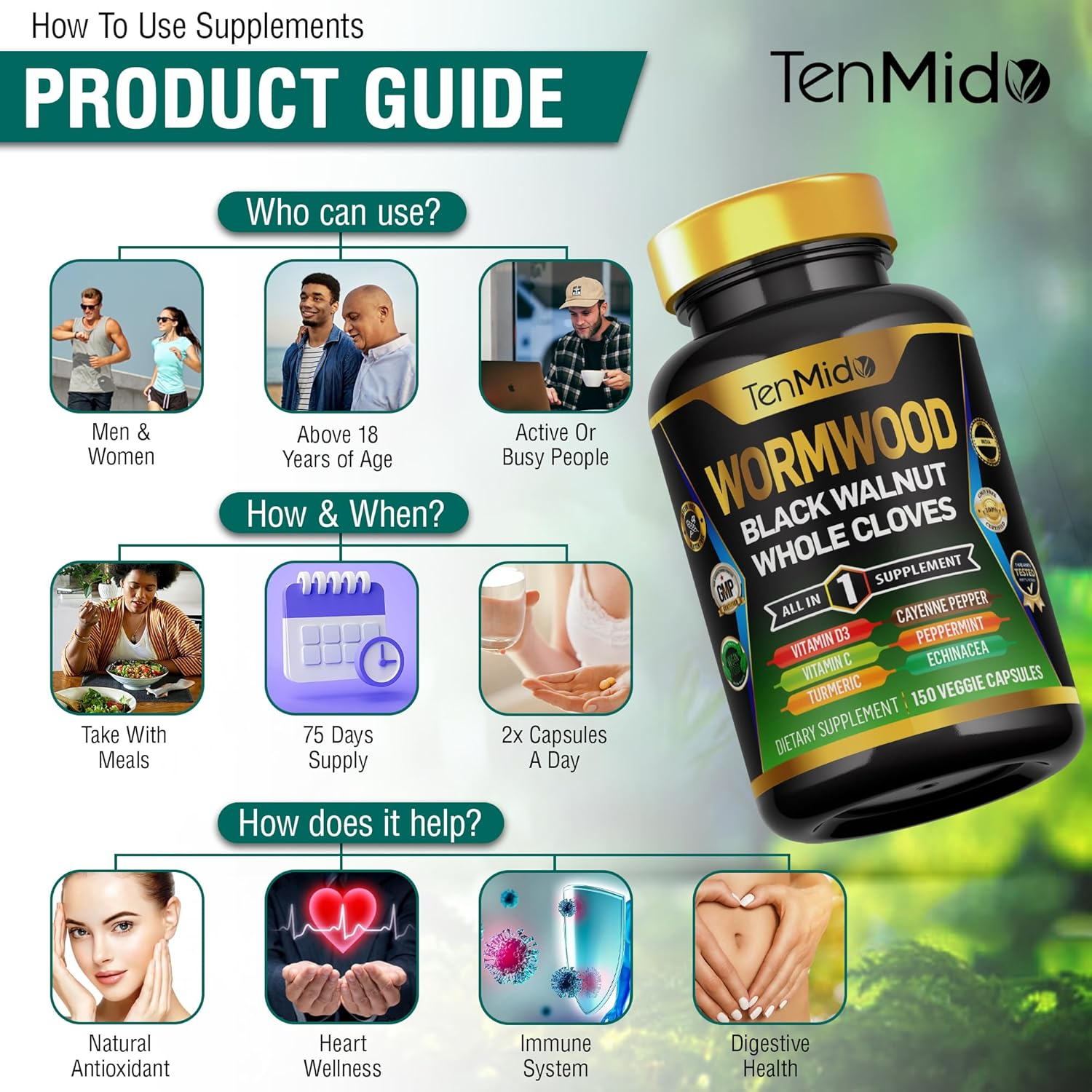 Tenmido Wormwood Capsules Supplement for Men and Women, 10In1 Formula with Black Walnut, Whole Cloves, Turmeric, Cayenne Pepper & More - Digestive, Immune Support - Nutrient Rich - 150 Capsules image number 2
