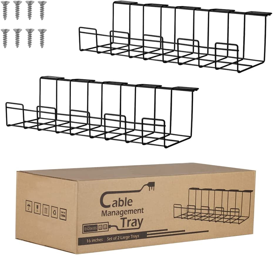 2 Packs Cable Tray, 40Cm under Desk Organizer for Wire Management, Metal Holder for Desktop Computer Home Office Kitchen Workstation to Cover and Hide Power Strips (White)