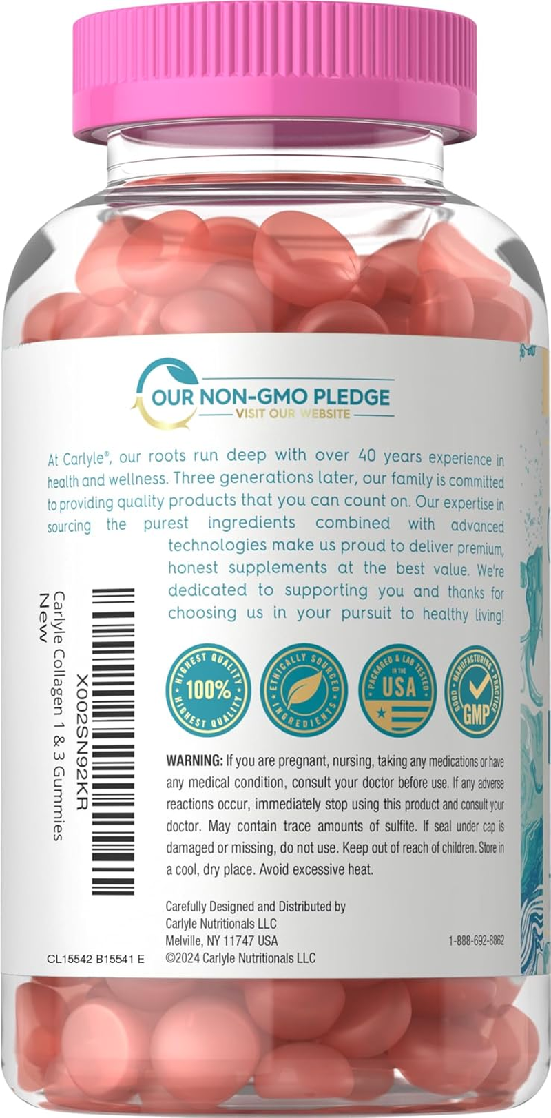 Carlyle Collagen Gummies | 180 Count | Type 1 & 3 | Strawberry Flavor Beauty Supplement | Hydrolyzed Collagen for Women & Men | Non-Gmo, Gluten Free image number 2