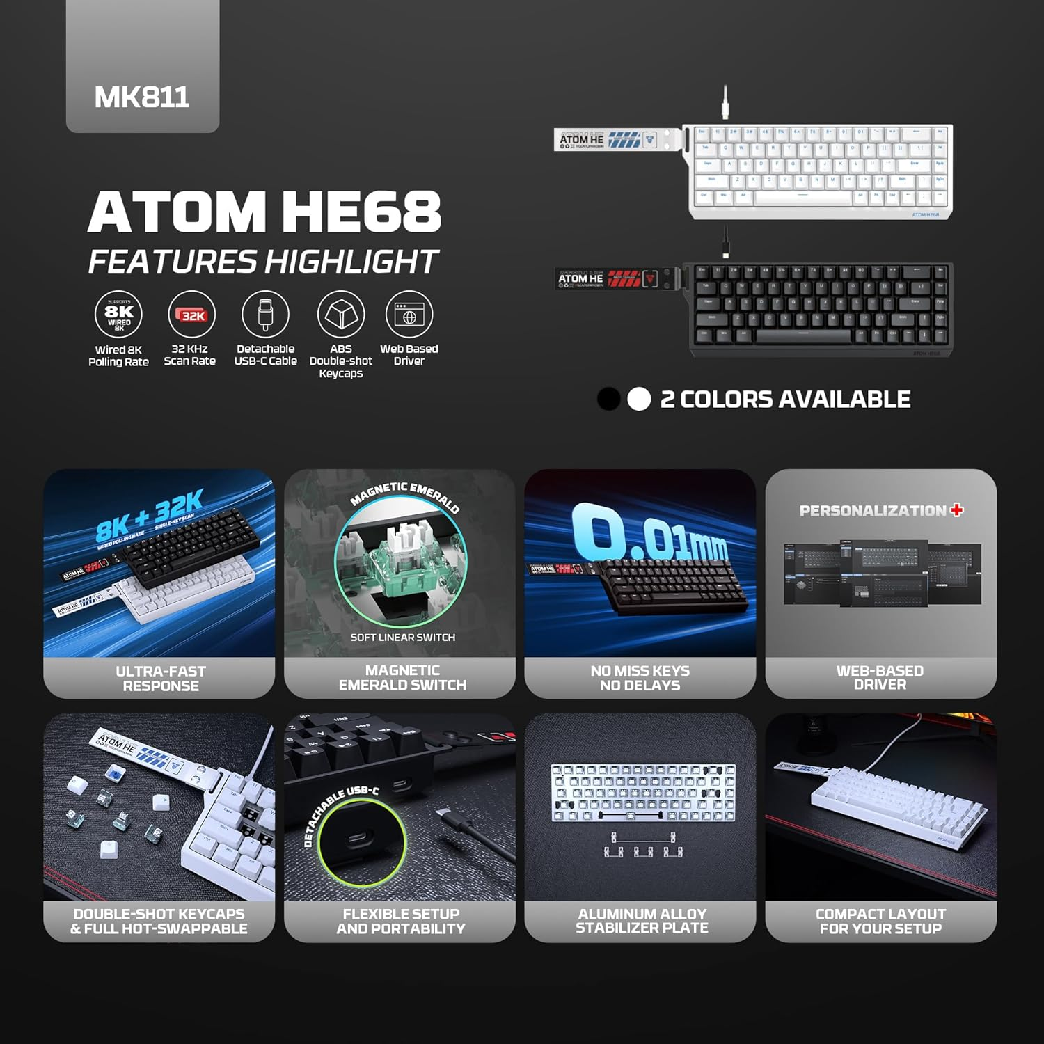 Fantech Atom HE68 Wired Magnetic Switch Mechanical Gaming Keyboard, Hotswap Hall Effect Keyboard 8K Hz Polling Rate for Pc/Windows/Mac OS - White - Black image number 3