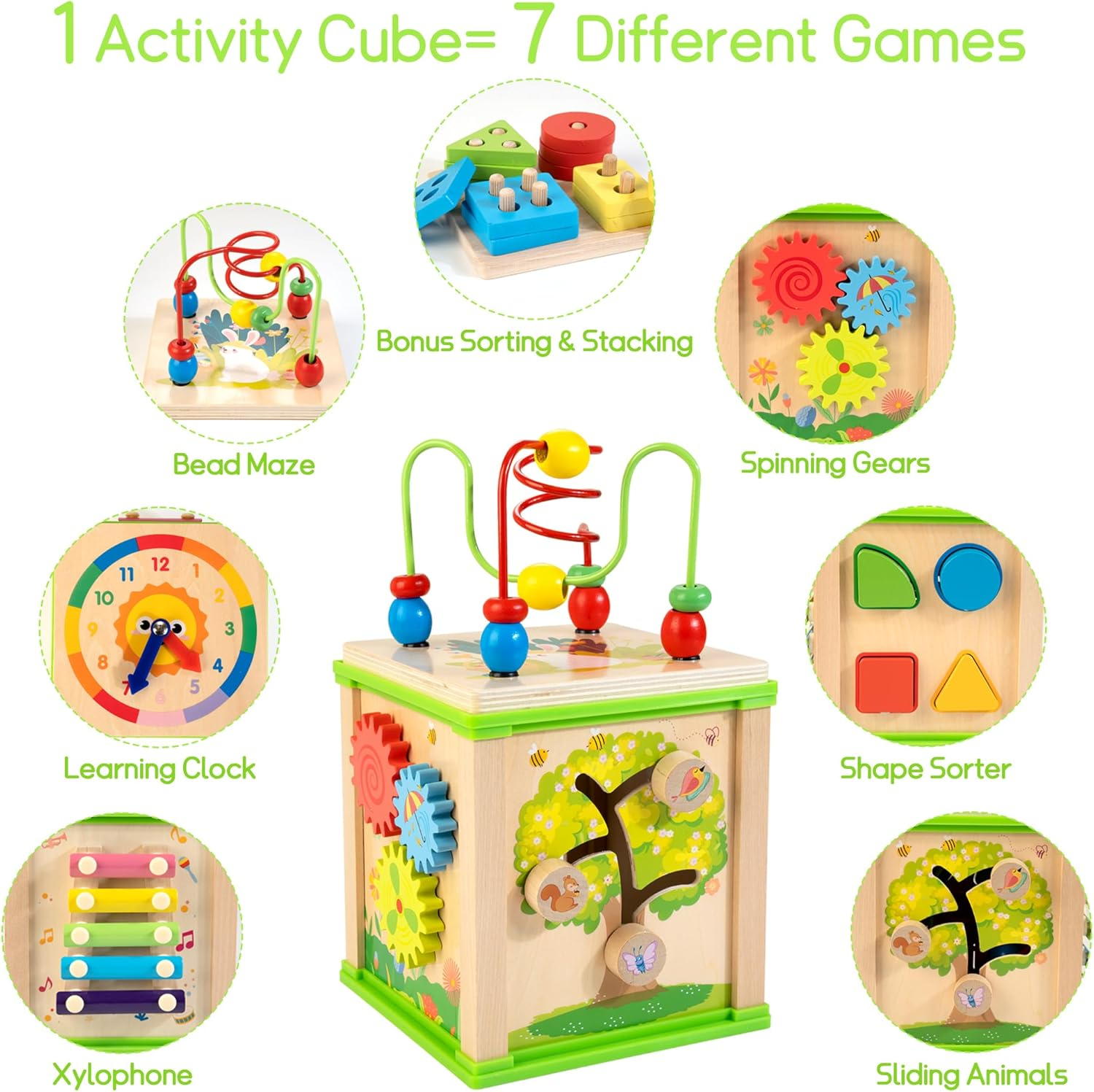 Wooden 7-In-1 Activity Cube| Montessori Toys for 1 2 3 Year Old Toddlers| Baby Educational Developmental Toys |One Year Old Boys Girls First Birthday Gifts |Bonus Sorting & Stacking Board image number 1
