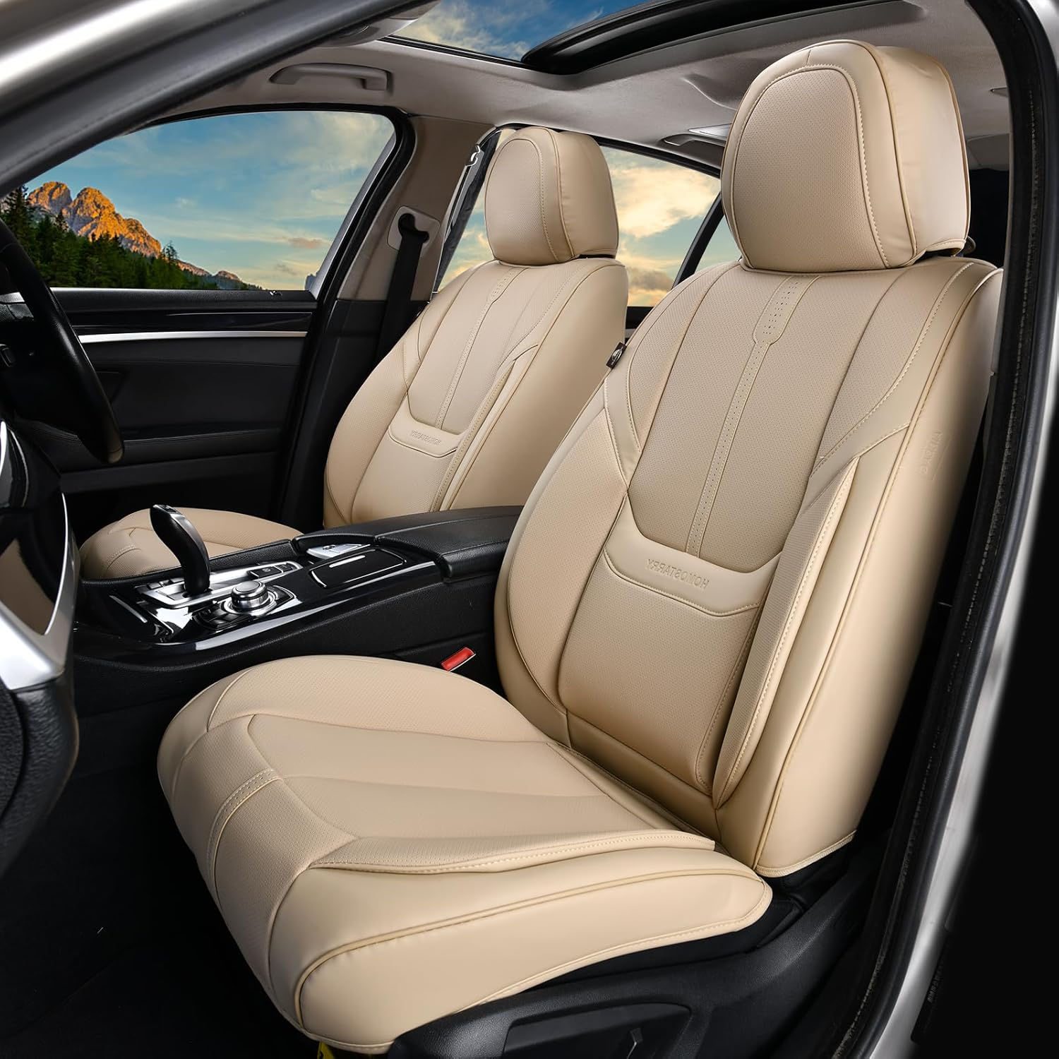 HOMOSTARRY Car Seat Covers, Nappa Leather Car Seat Covers, Waterproof Automotive Seat Covers with Airbag Compatible, Universal Car Seat Protector Fit for Most SUV Sedans Trucks (Beige, Full)
