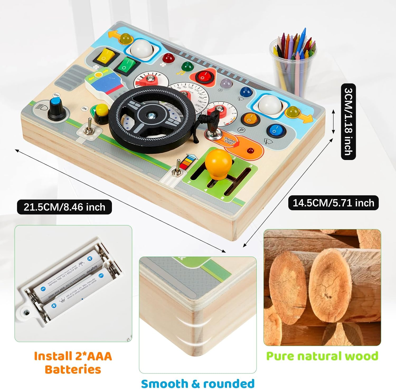 Montessori Busy Board for Toddler 1-3,Baby Wooden Toys with Light Switch & Car Driving Sounds,Early Sensory Activities,Fidget Board Travel Pack for 18 Months,1 2 3 Year Old Boys Girls Gifts image number 2