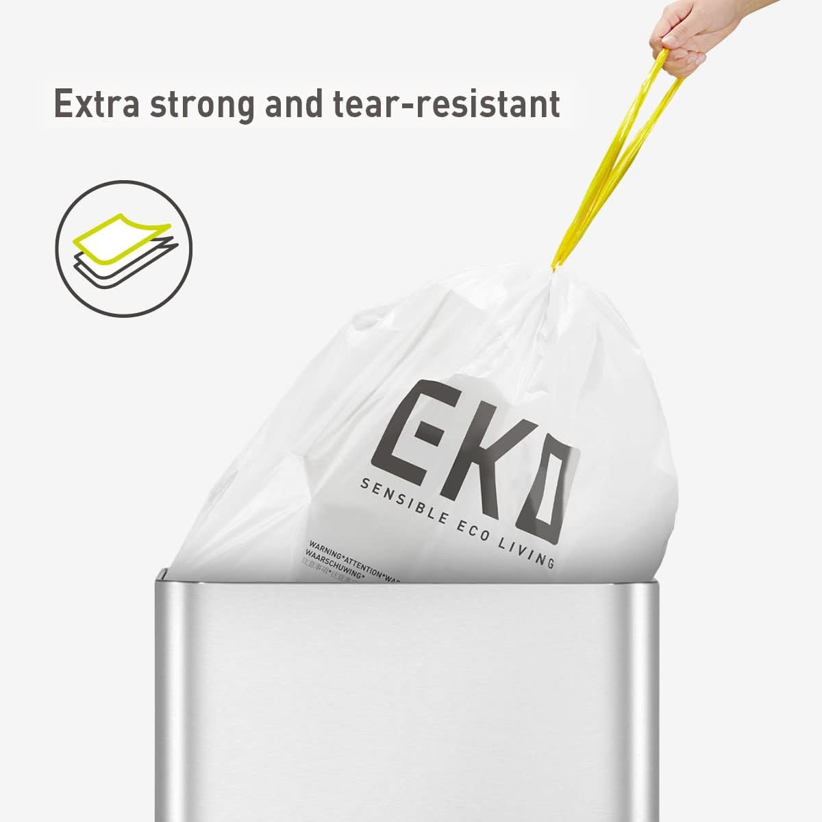 EKO 50&ndash;90L Drawstring Rubbish Bags, 60-Pack Easy-Dispense Roll, Extra-Strong & Leak-Resistant Bin Liners, 21 Gallon, White &ndash; Heavy Duty Kitchen & Household Bags, Code G image number 2