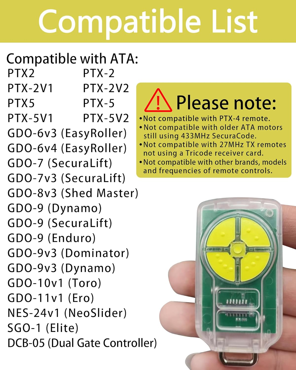 Garage Door Remote Compatible with ATA PTX-5 PTX-5V1 Ptx-5V2,For DCB-05 Gdo-6V3 Gdo-6V4 GDO-7V2 GDO 7V3 Gdo-8V3 Gdo-9V3 Gdo-10V1 Gdo-11V1 Garage Remote,433.92Mhz 4-Button Remote image number 2