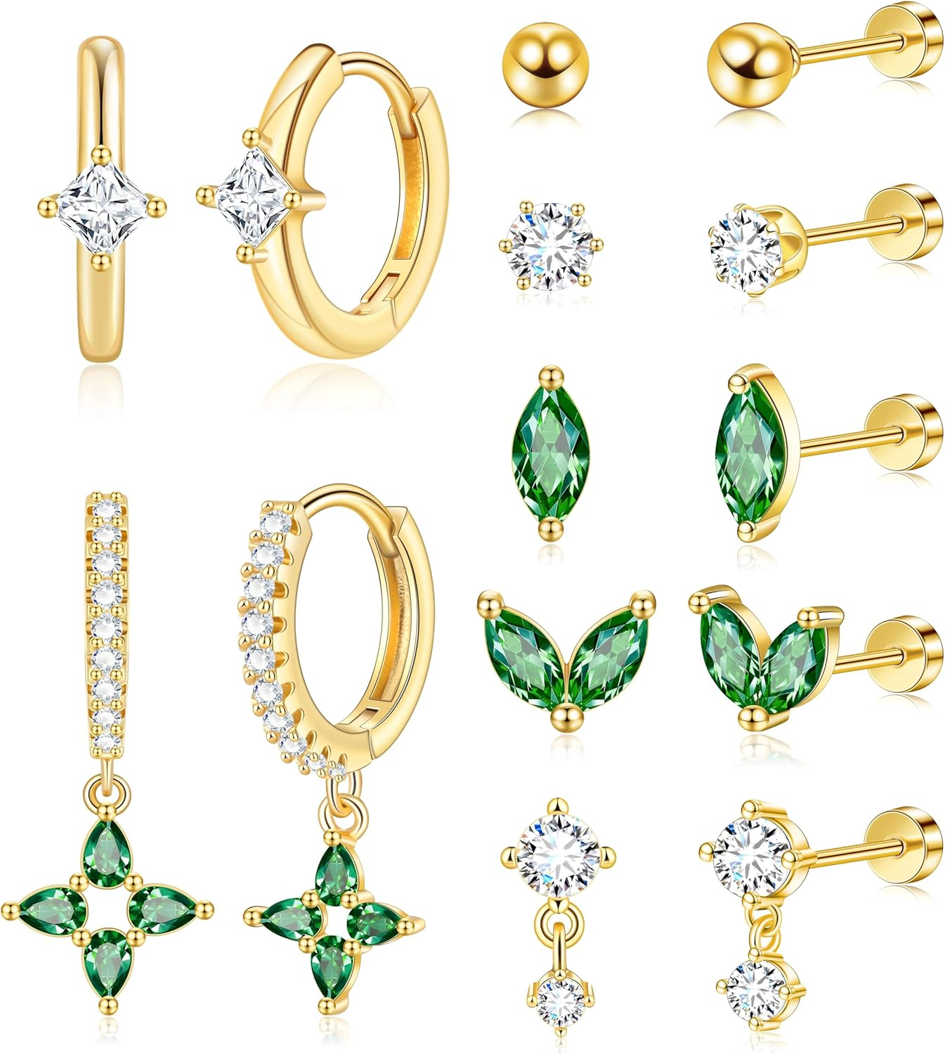 LYLYMIMI 7Pairs 14K Gold Plated Huggies Hoop Studs Earrings for Women Small Dangle Hoop Earrings Gold Green Earrings Set for Multiple Piercing image number 2