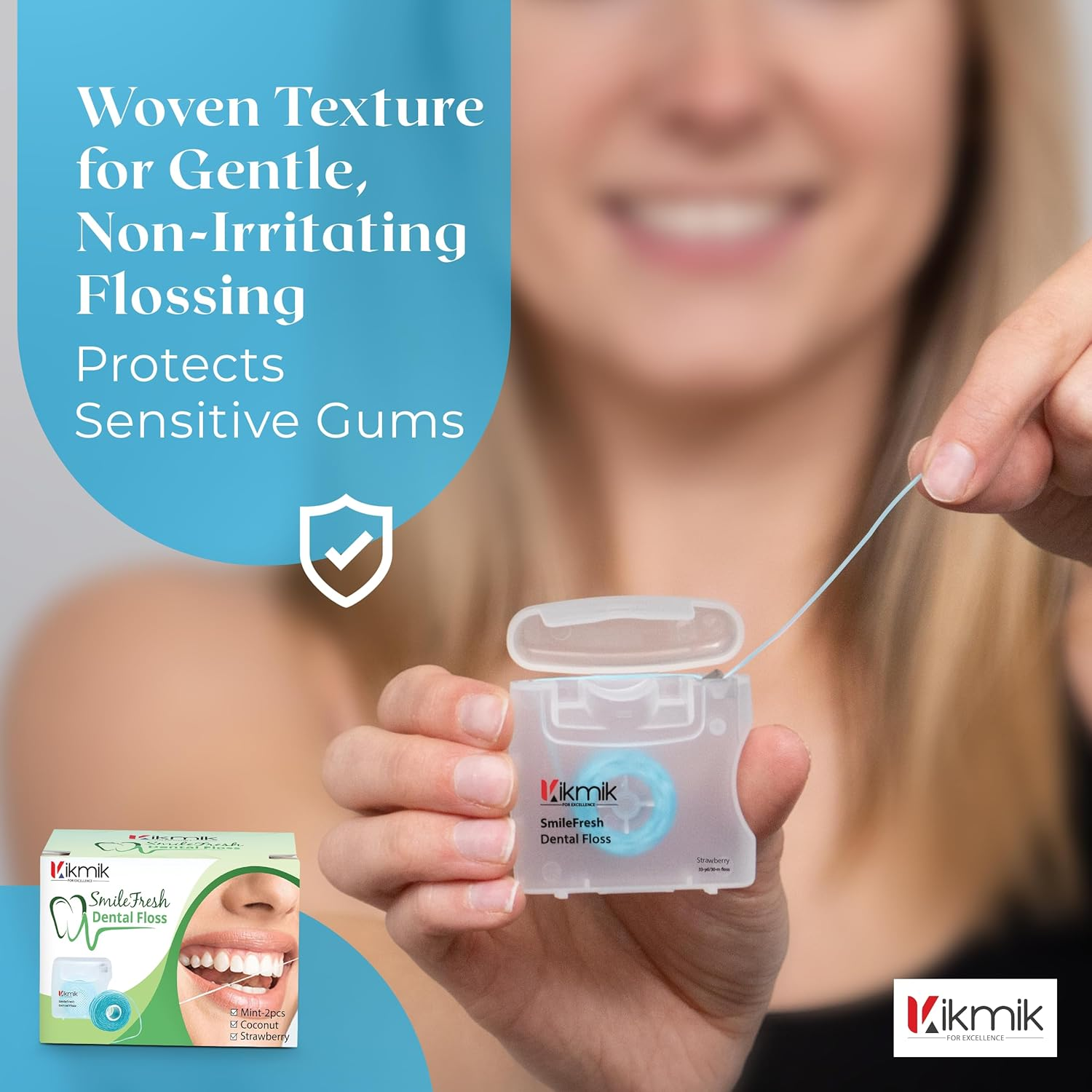 4-Pack Kikmik Woven Dental Floss - Mint, Strawberry & Coconut Floss - Shred Resistant, Extra Wide Woven Floss Dental, Gentle on Gums, Effective Plaque Removal, 33 Yards Each image number 1