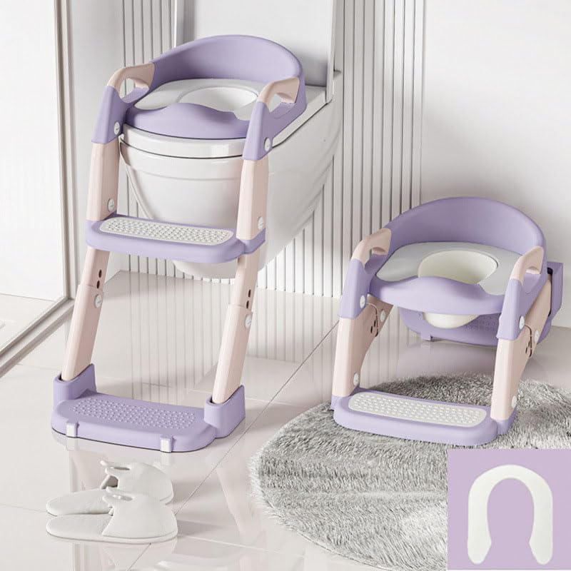 Children'S Toilet Training Seat, with Step Steps, Height-Adjustable Toilet Training Seat, Anti-Slip Pad, Foldable, Suitable for Boys and Girls (Purple) image number 4