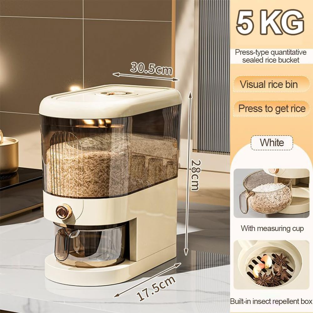 Rice Dispenser, Grain Container Storage, Measuring Cylinder with Lid, Sealed Rice Jar, Household Rice and Flour Drawer, Rice Storage Box, Grain Dispenser Barrel for Kitchen (White, 5 KG) image number 2