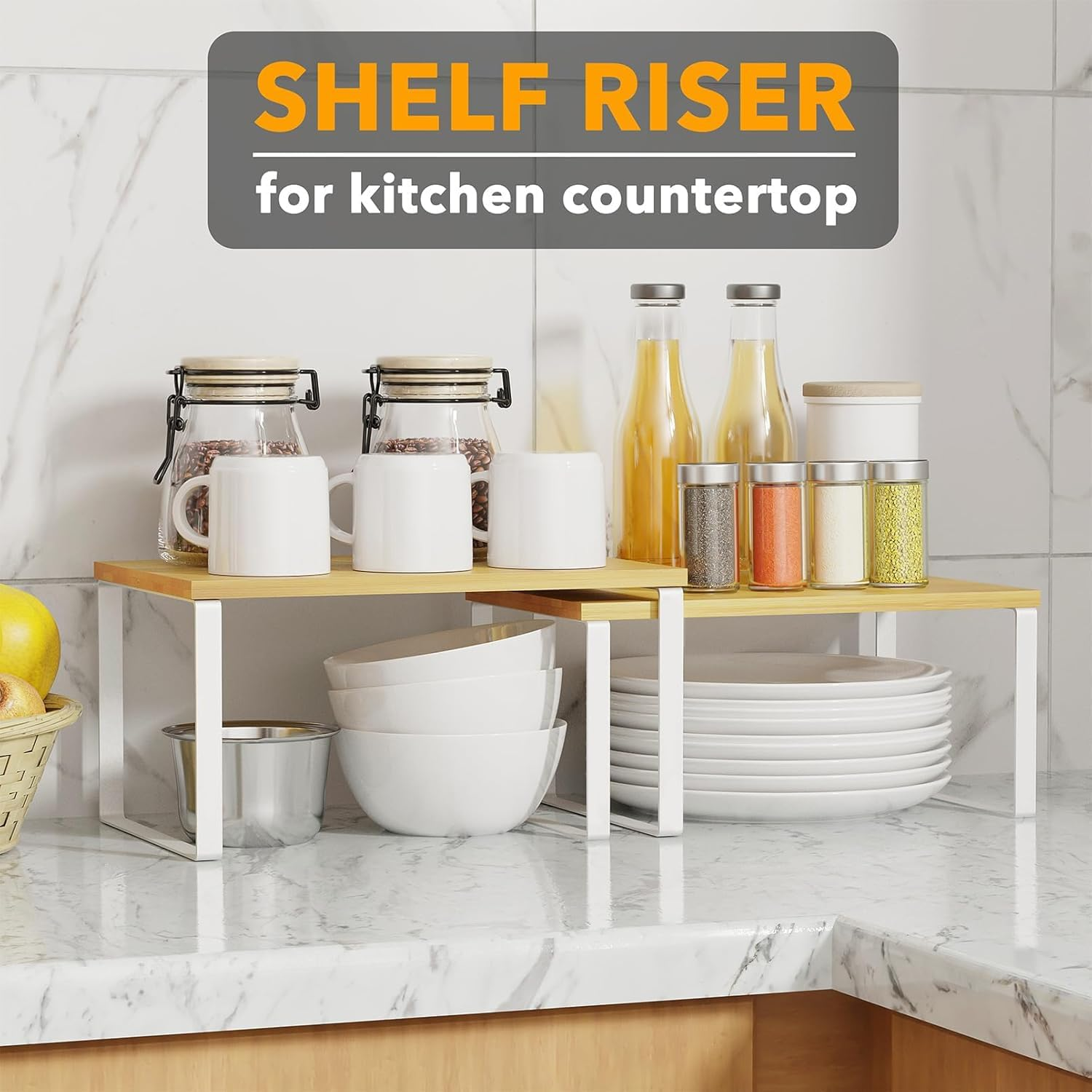 LOVJOYSE Cabinet Organizer Shelf, Set of 2 Kitchen Counter Shelves, Kitchen Storage, Spice Rack, Stackable, Expandable, Metal and Engineered Wood, Ink Black and Natural Whtie image number 5