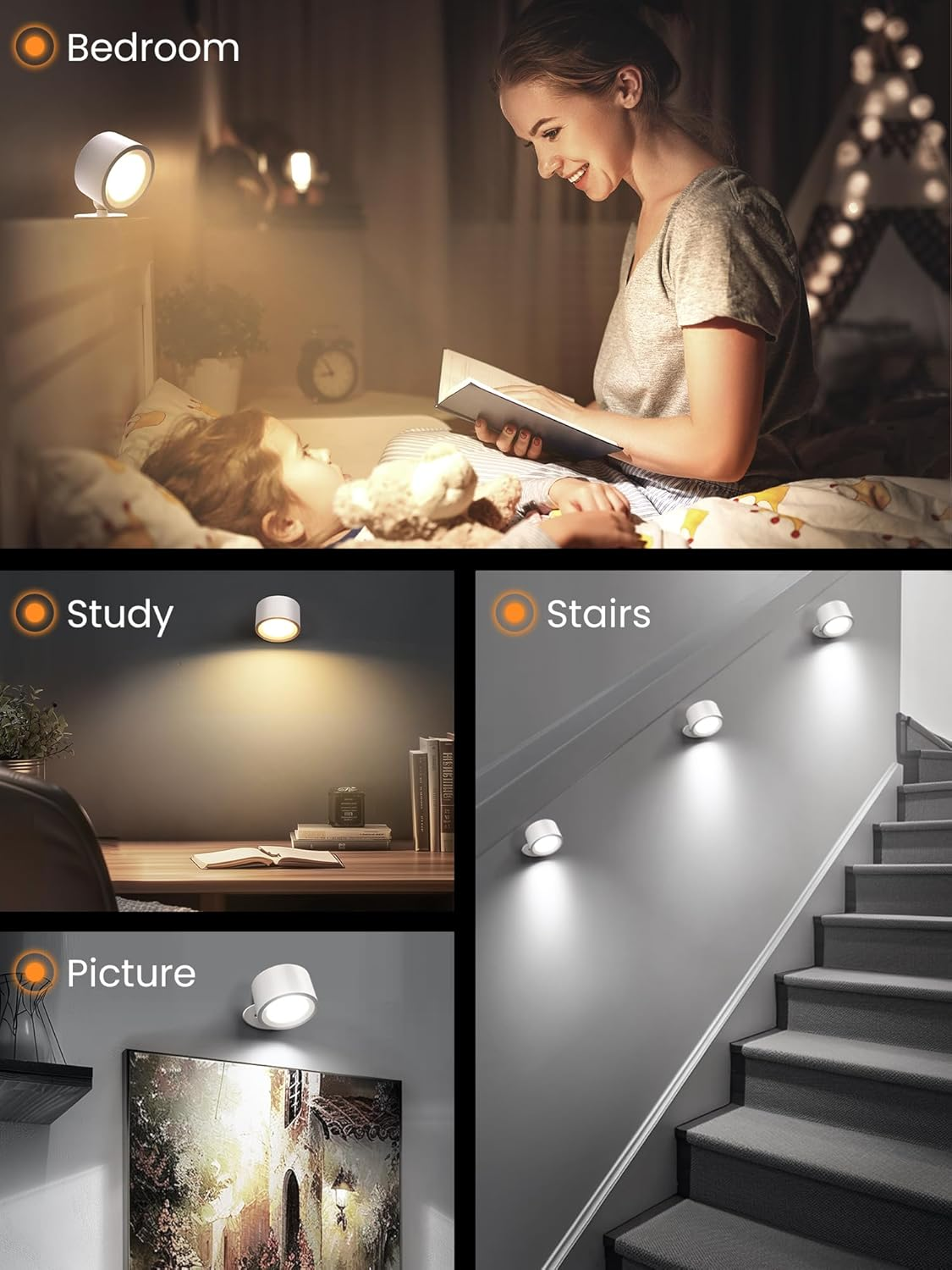LED Wall Lights Battery Powered, 3 Color Temperatures and Dimmable, Wall Light Rechargeable Lamp 360&deg; Rotation Magnetic Cordless Picture Lights for Bedroom - 2 Pack image number 1