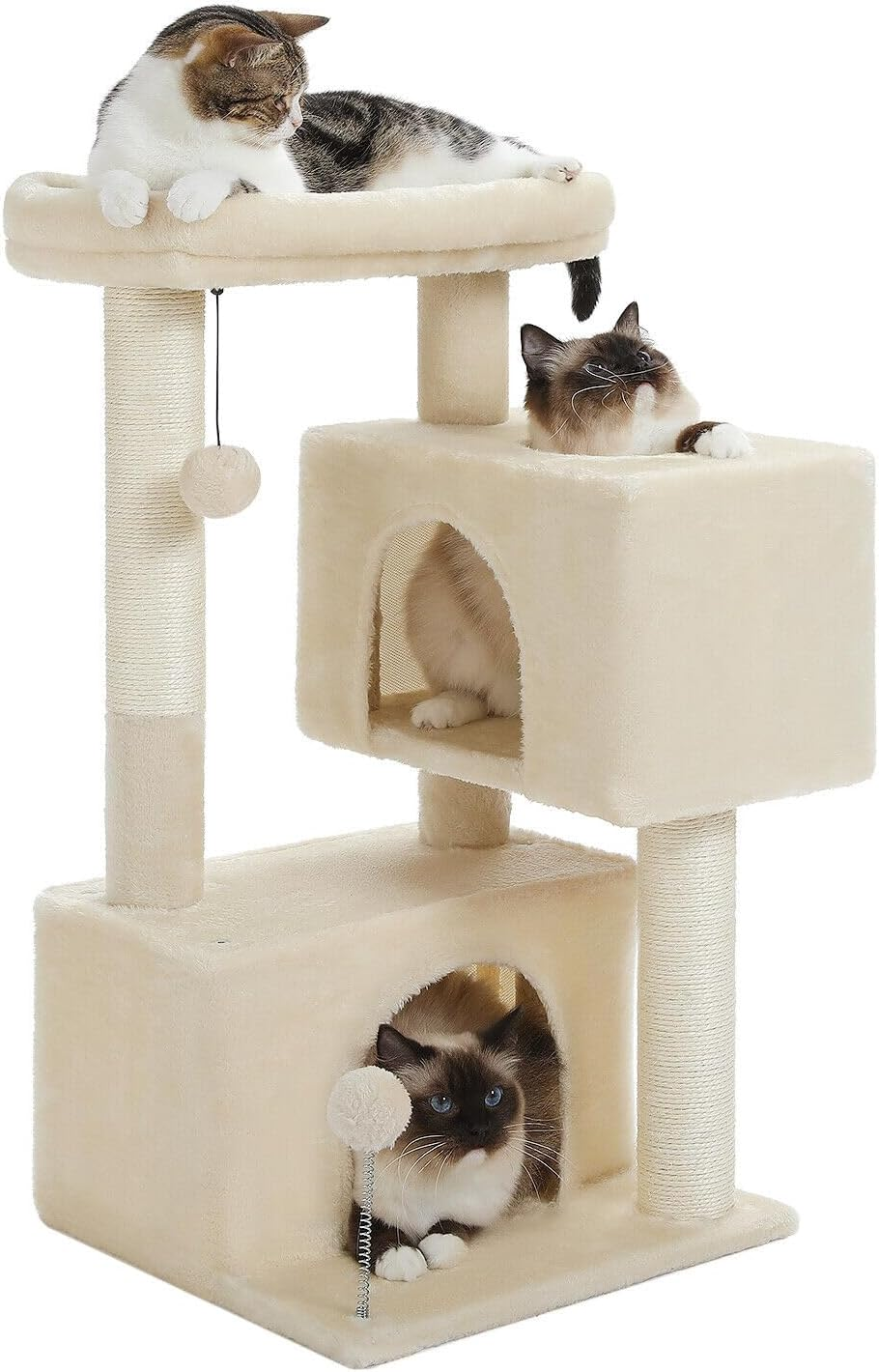 PAWZ Road Small Cat Tree 80Cm Cat Tower for Indoor Cats with 2 Condos Fit Cats up to 6Kg, Cat Scratching Posts with 2 Cat Toy Balls, Beige