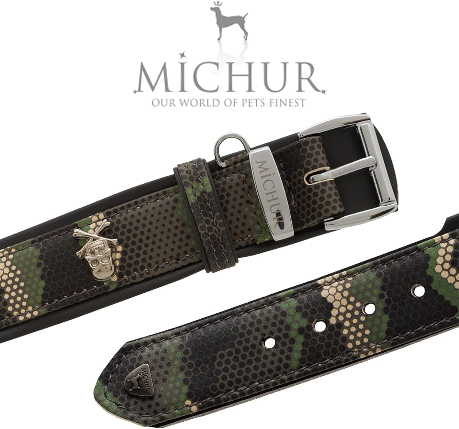 MICHUR Skully Leather Dog Collar Leather Dog Leather Collar Collar Black Leather with Skull Head Applications Available in Different Sizes image number 1