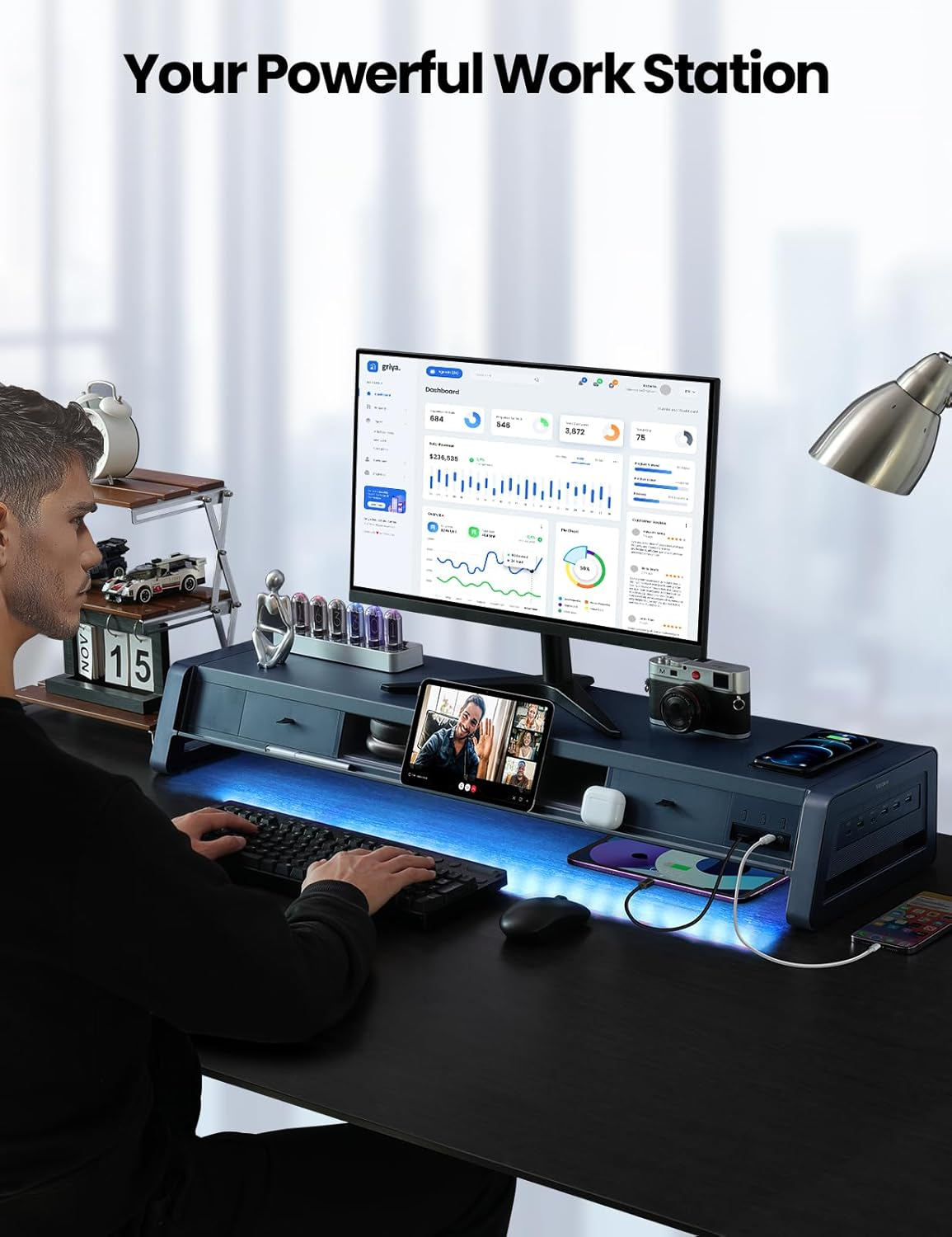 Vaydeer All-In-One Dual Monitor Stand Riser with 2 Drawers, 8USB Ports and Wireless Charging Pad with LED Light Strip for 2 Monitors , Desk Organizer for PC, Imac (Metal, 39.3 Inches) image number 1