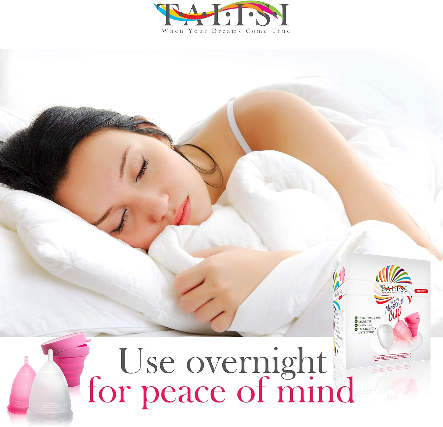 Talisi Menstrual Cups Set of 2 with Collapsible Cleaner Silicone Sterilizer - Soft Reusable Period Kit - Tampon Pads Disc Alternative - Menstruation Feminine Cup Regular, Heavy Flow (Small & Large) image number 3