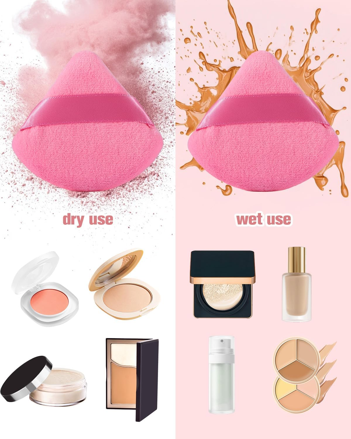 EIGSHOW Triangle Makeup Powder Puff, Face Sponge, Soft Plush Powder Sponge, Suitable for Baking Powder Makeup or Blush, Pink and Beige, Pack of 4 (M113) image number 4