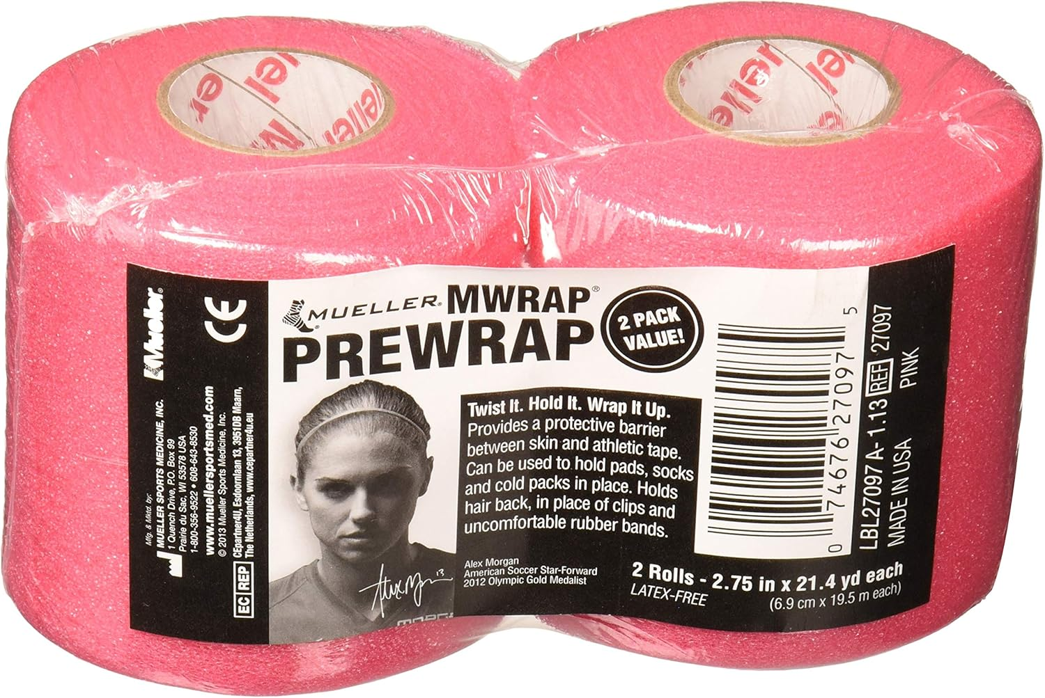 Mueller Mwrap Latex-Free Prewrap, 2.75" X 21.4 Yd Roll, Pink, 2 Pack